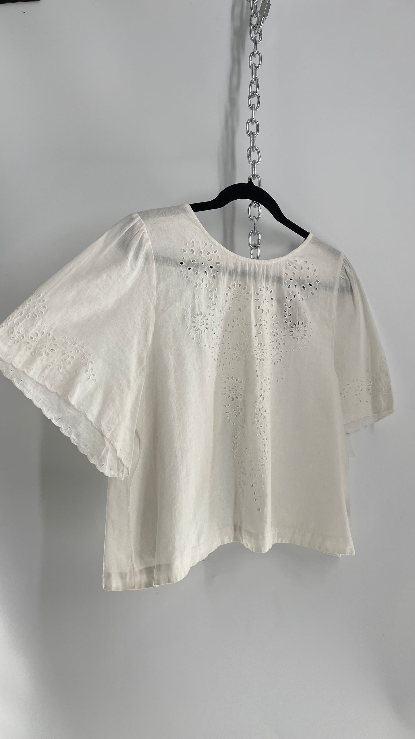 Free People Off White Cotton Open Back Eyelet Lace Short Sleeve (Medium)