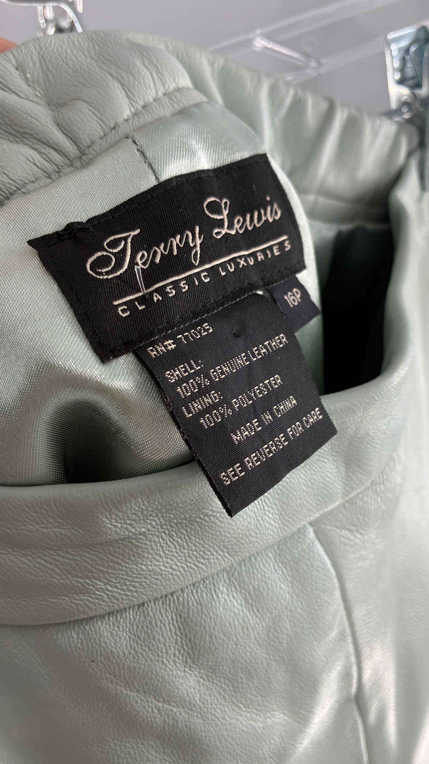 Vintage TERRY LEWIS Classic Luxuries Muted Seafoam, Genuine Leather Trousers with Silky Soft, Satin Lining (16P)