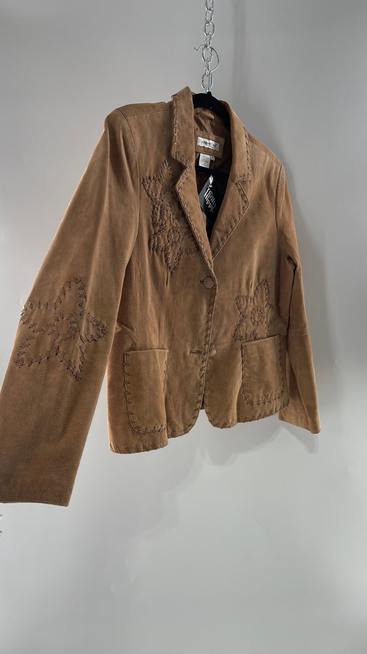 Vintage Rare Light Brown Genuine Suede Blazer with Embroidered Suede Flower and Contrasting Thick Leather Stitching (Medium)