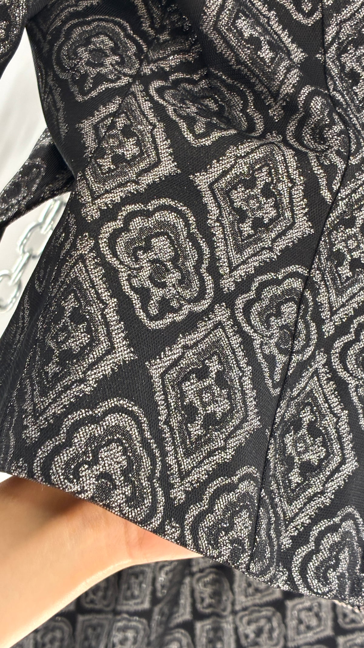 Vintage ADRIANNA PAPPELL Set with Brocade Underlay, Black Mesh Overlay, Waist Snatch, and Mini Skirt (10,8)