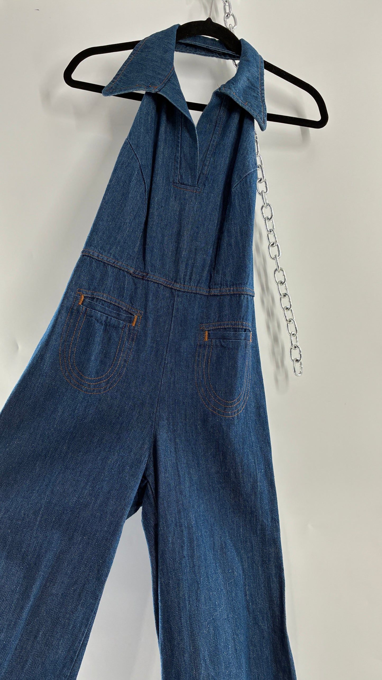 RARE Vintage 1970s Landlubber Medium Wash Denim, Sleeveless Halter, Wide Leg Bell Bottom, Jumpsuit (No Size on Tag, XS)