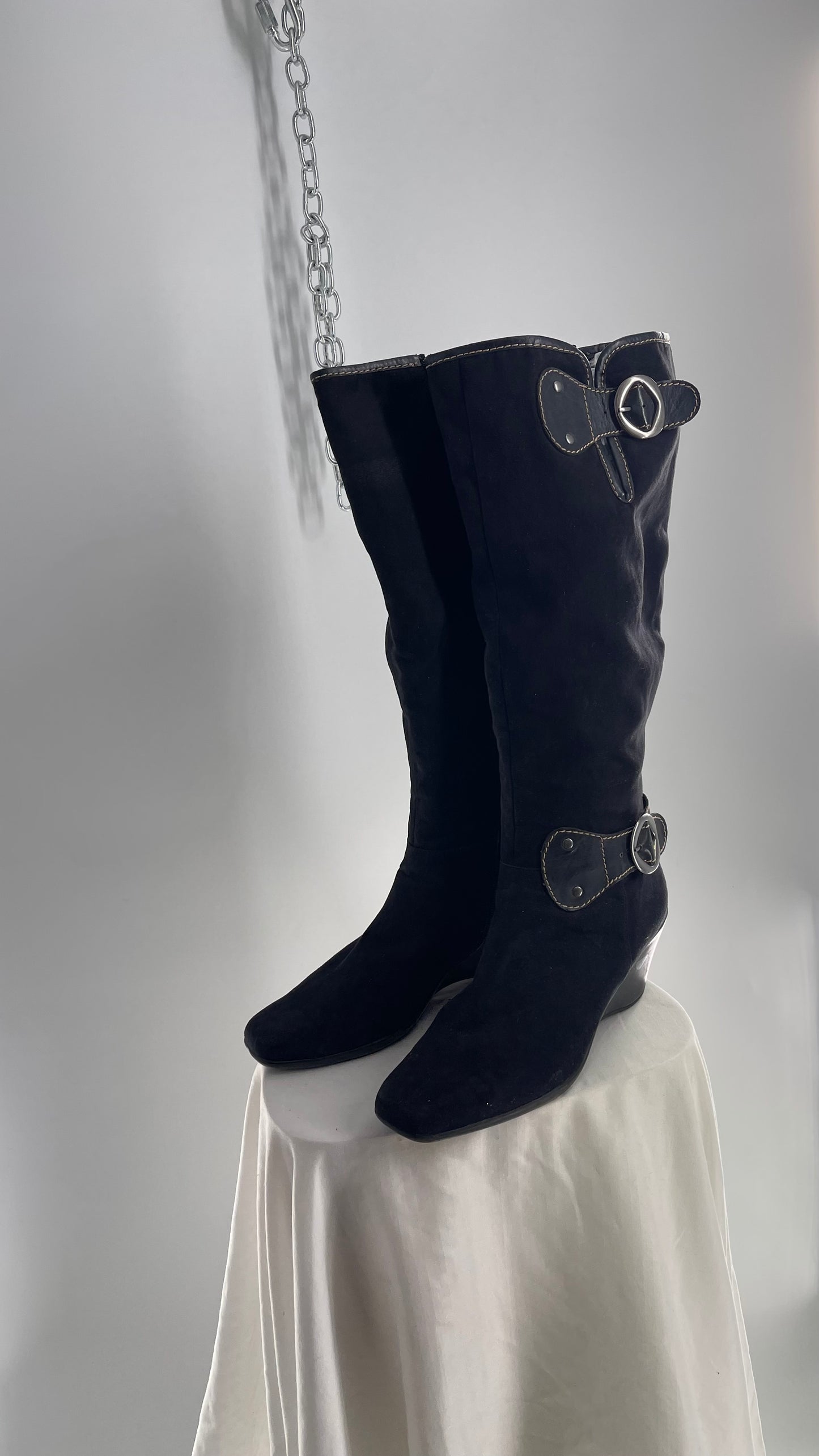 Vintage BASS Black Suede Wedge Heel Knee High Boot with Buckle Details (10)