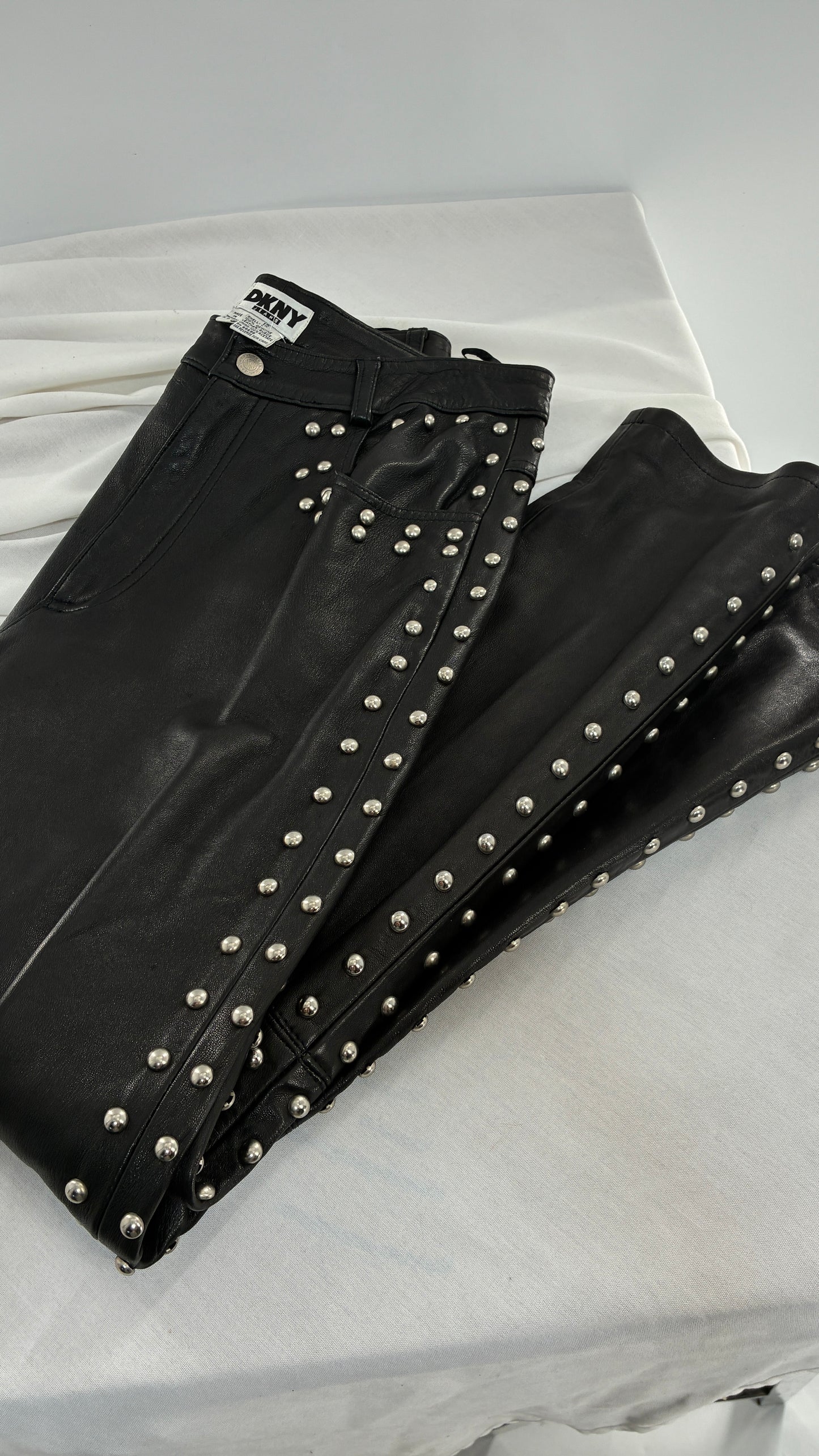 Vintage DKNY Genuine Leather Black Hip to Hem Studded Straight Legs (12)