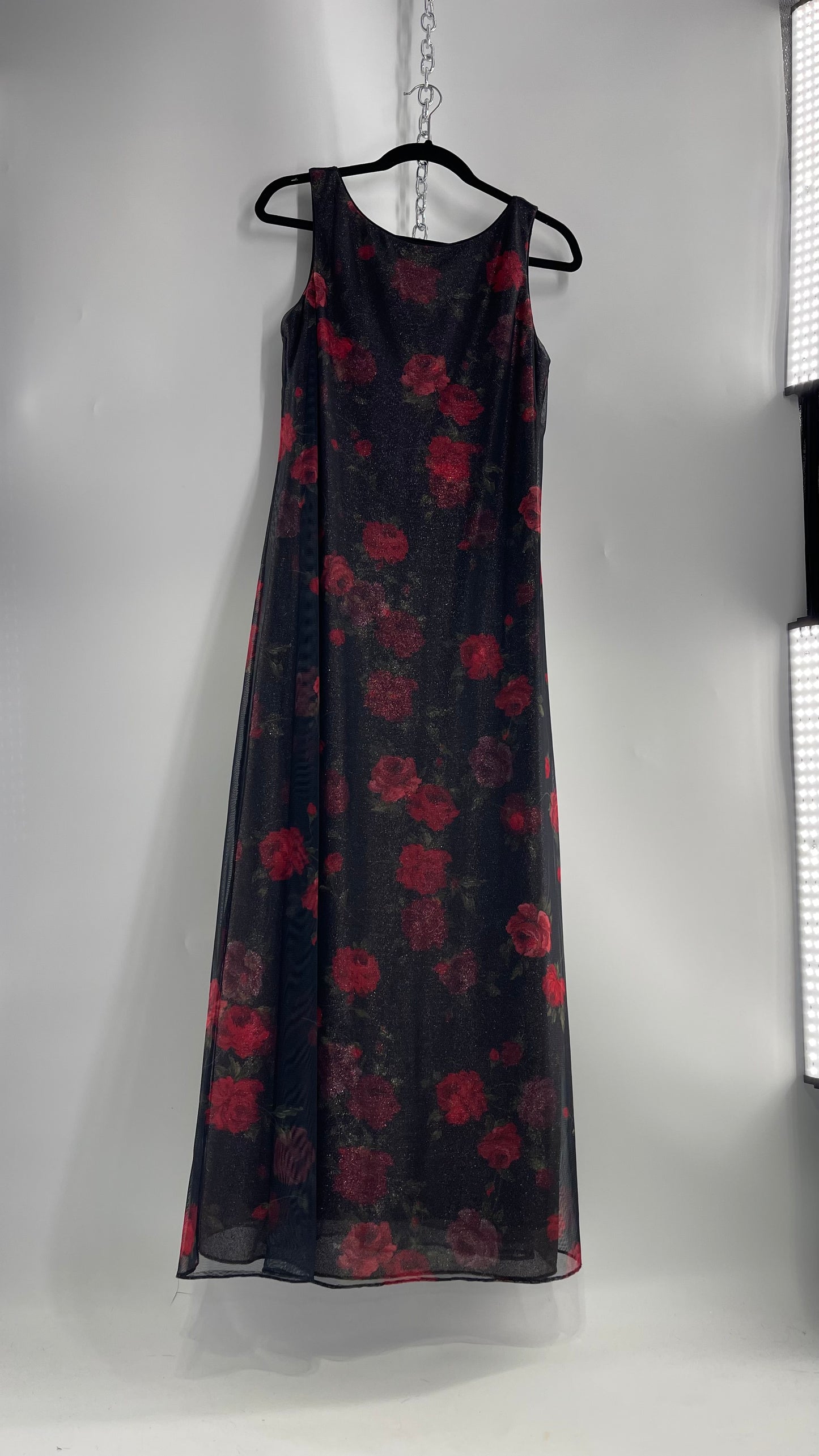 Vintage TEDDI EVENING Dress with Red Rose Layer Over Glitter Graphic and Black Base Layer (10)