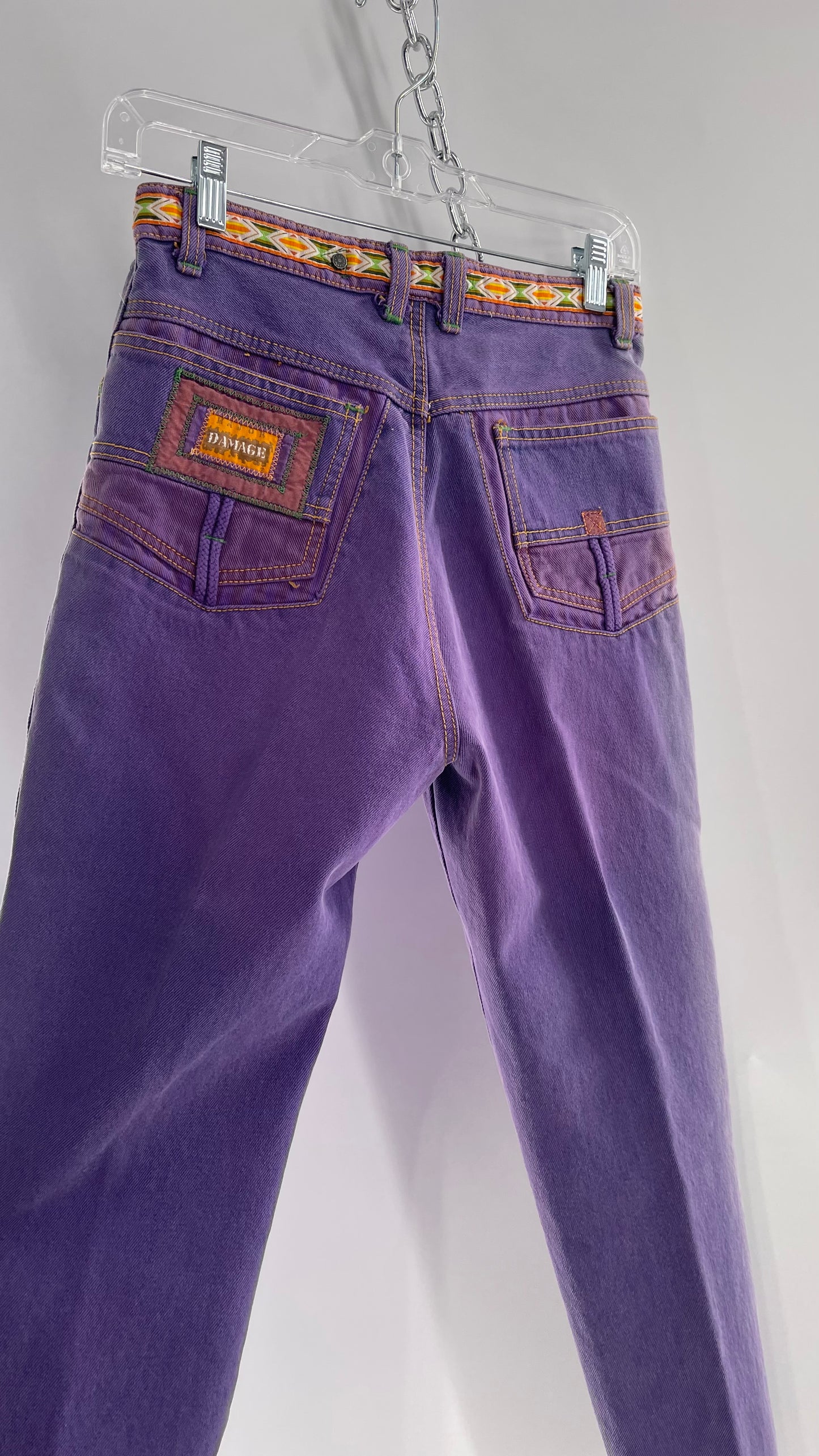 MAJOR DAMAGE 90s Vintage Nostalgic Nickelodeon Esque High Waisted Jeans with Cargo Pocket and Patterned Trim Detailing (2)