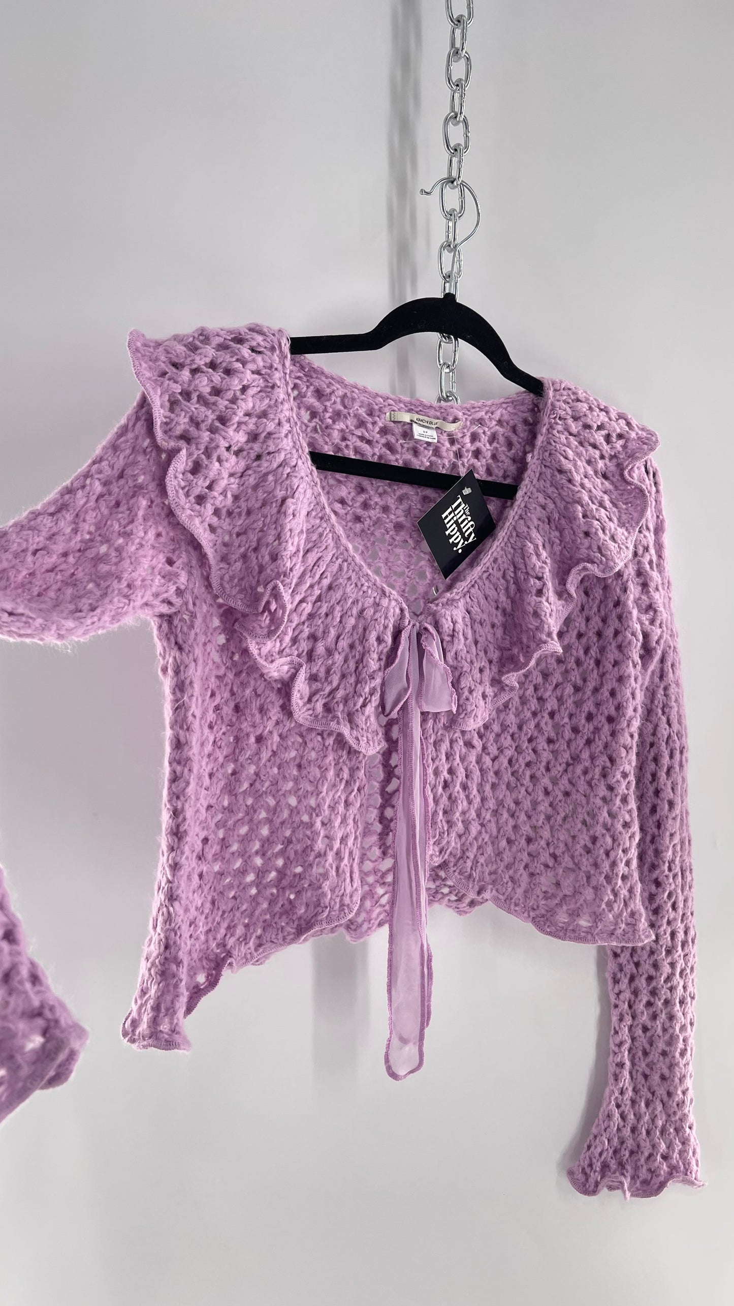 KIMCHI BLUE Lavender/Lilac Open Knit Cardigan with Ruffled Neckline and Tie Bust (Small)