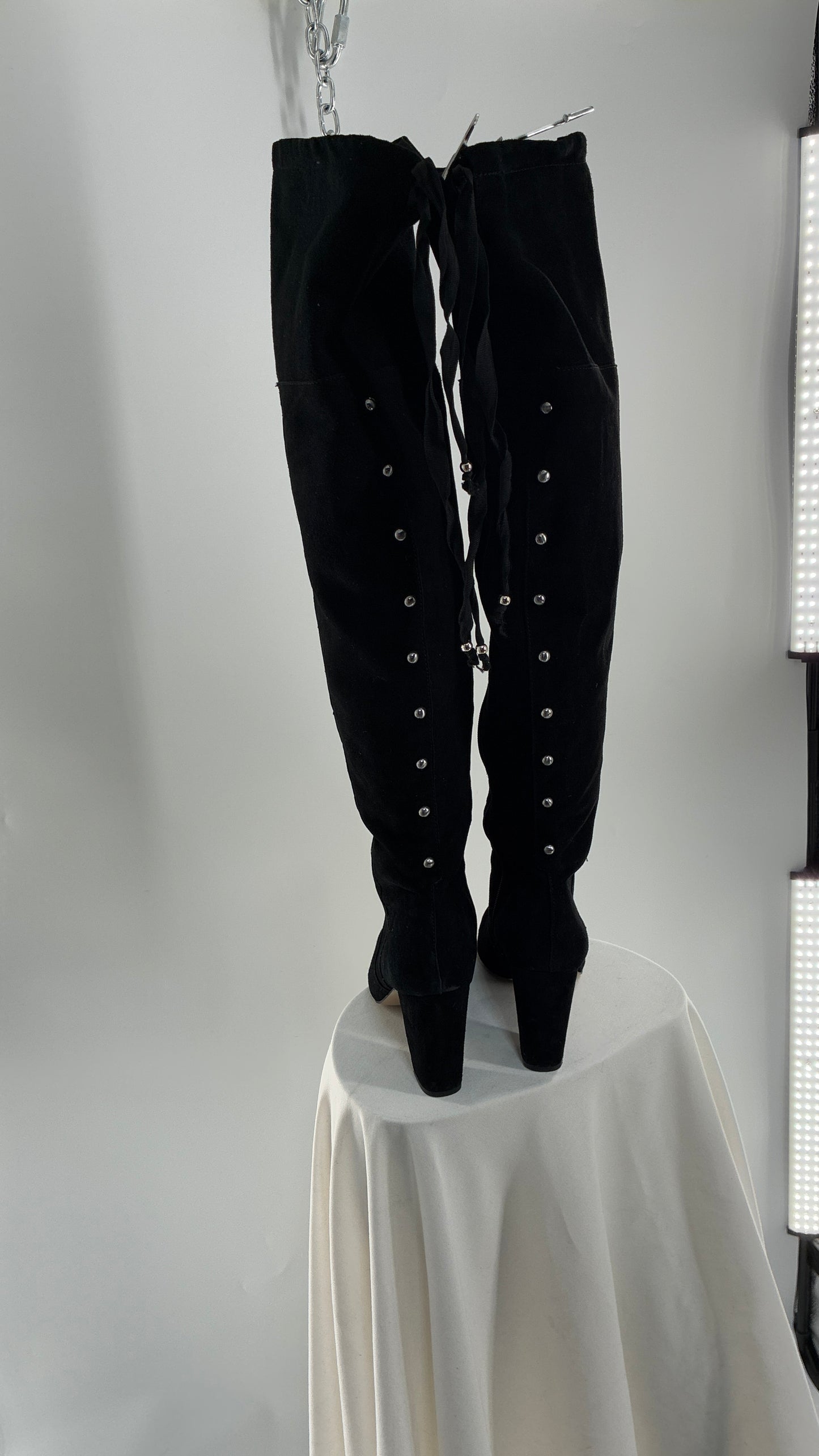 Vintage Black Genuine Suede ADRIENNE VITADINI Thigh High Pointed Toe Boots with Stud Detailing (10)