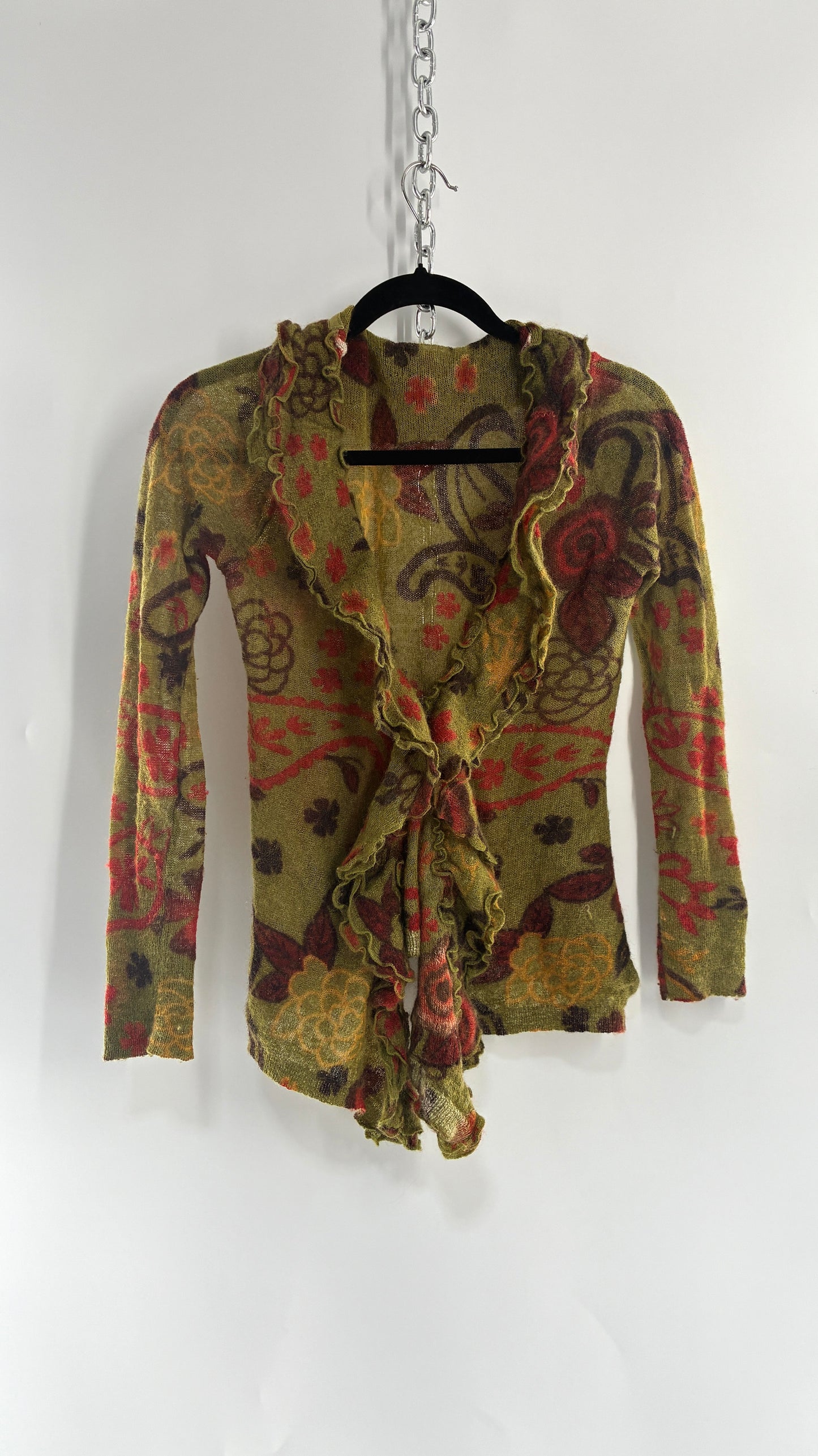Vintage Green Paisley Mohair/Merino Wool Blend Long Sleeve with Bust Clasp and Ruffled Design (Medium)