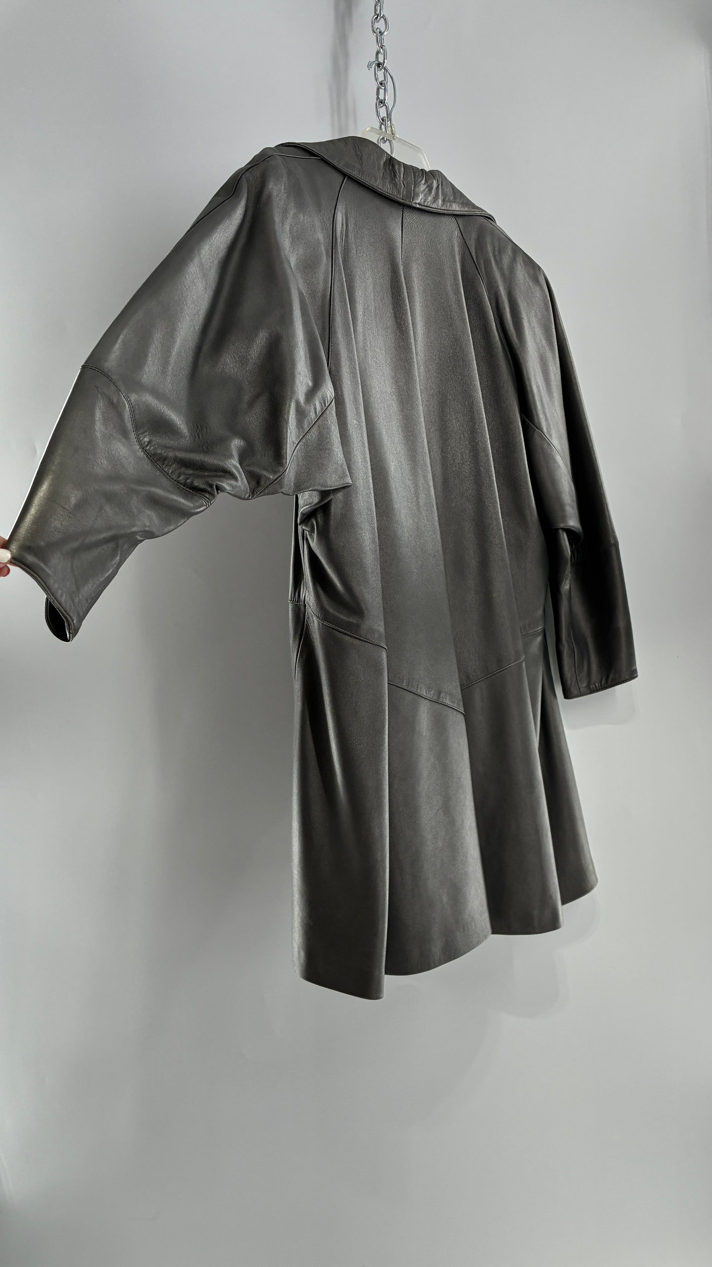 Vintage 1980s JUST PIERRE 3pc Metallic Silver Leather Trench Coat, Micro Mini Skirt and Sheer Blouse Set (S/M)