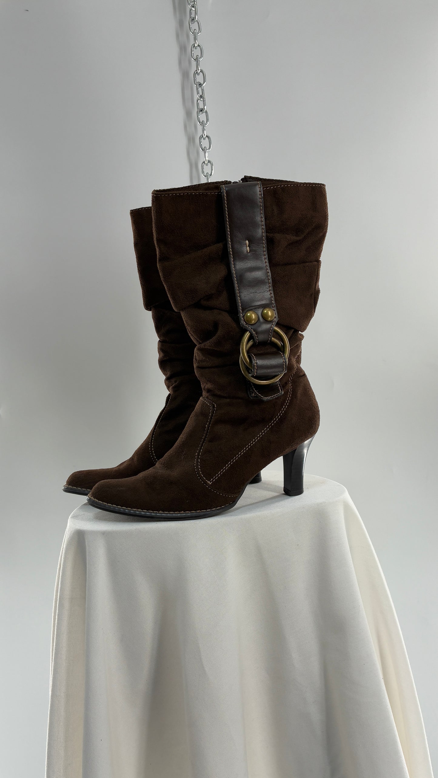 Vintage PREDICTIONS Vegan Suede Brown Stacked Boots with Buckle Detail (6.5)