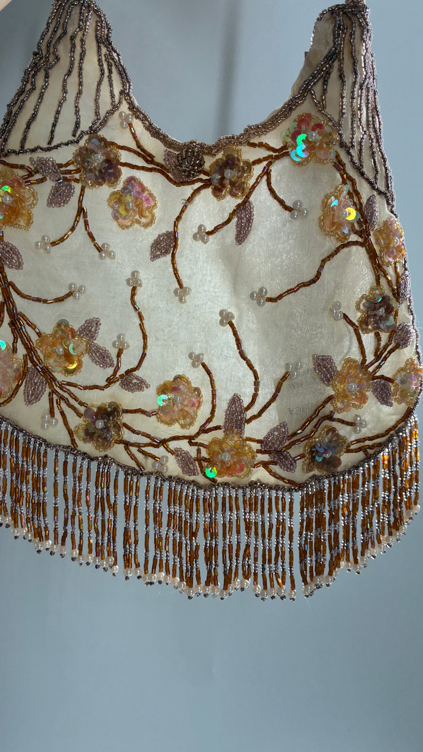 Vintage Deadstock Beige Beaded Fringe Purse with Embroidered Beaded Florals