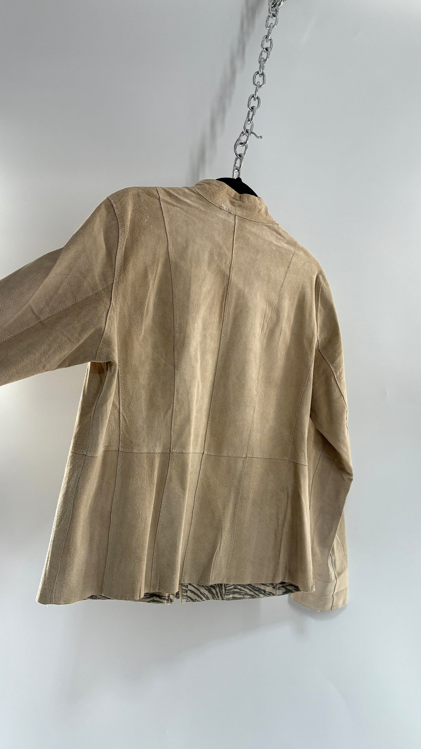Vintage Reversible Thin Genuine Suede Leather Zip Up Jacket Beige/Zebra (Medium)