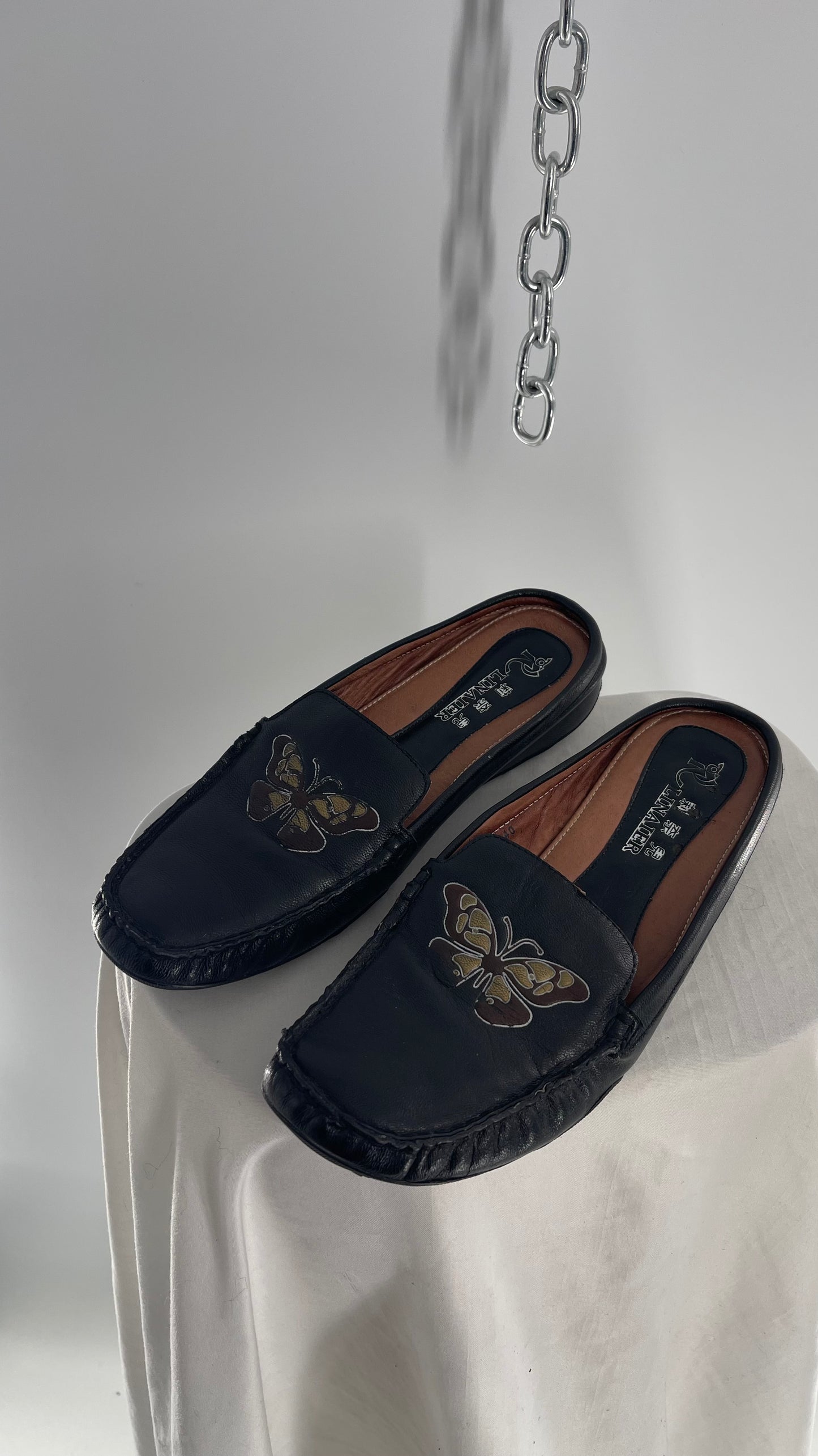 Vintage R Linaier Black Leather Slip Ons with Butterfly Embroidery (6)