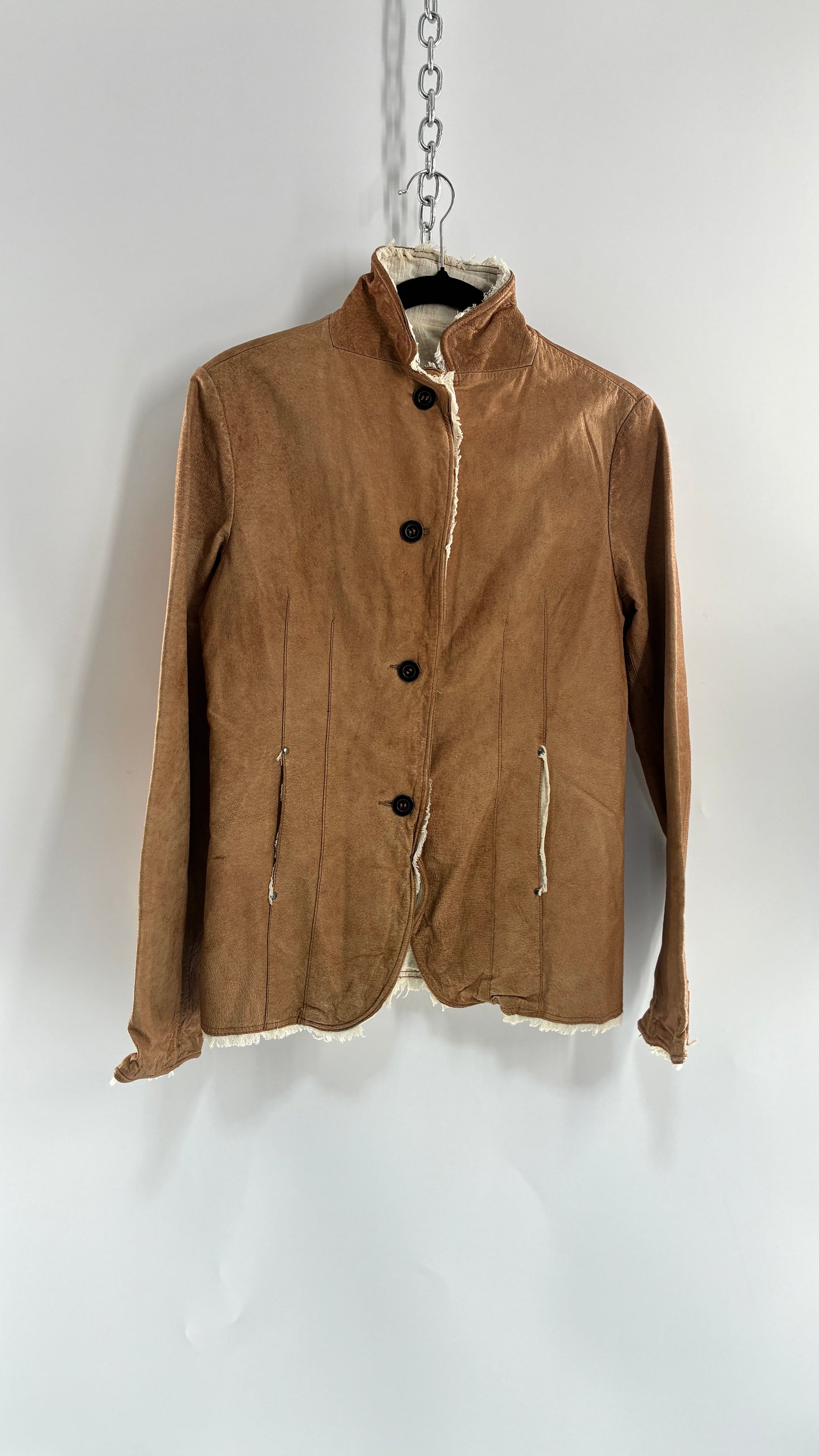 Vintage JAKETT Tan Leather Jacker with Cotton Raw Edge Trim+ Lining and buttoned Cuffs (Medium)