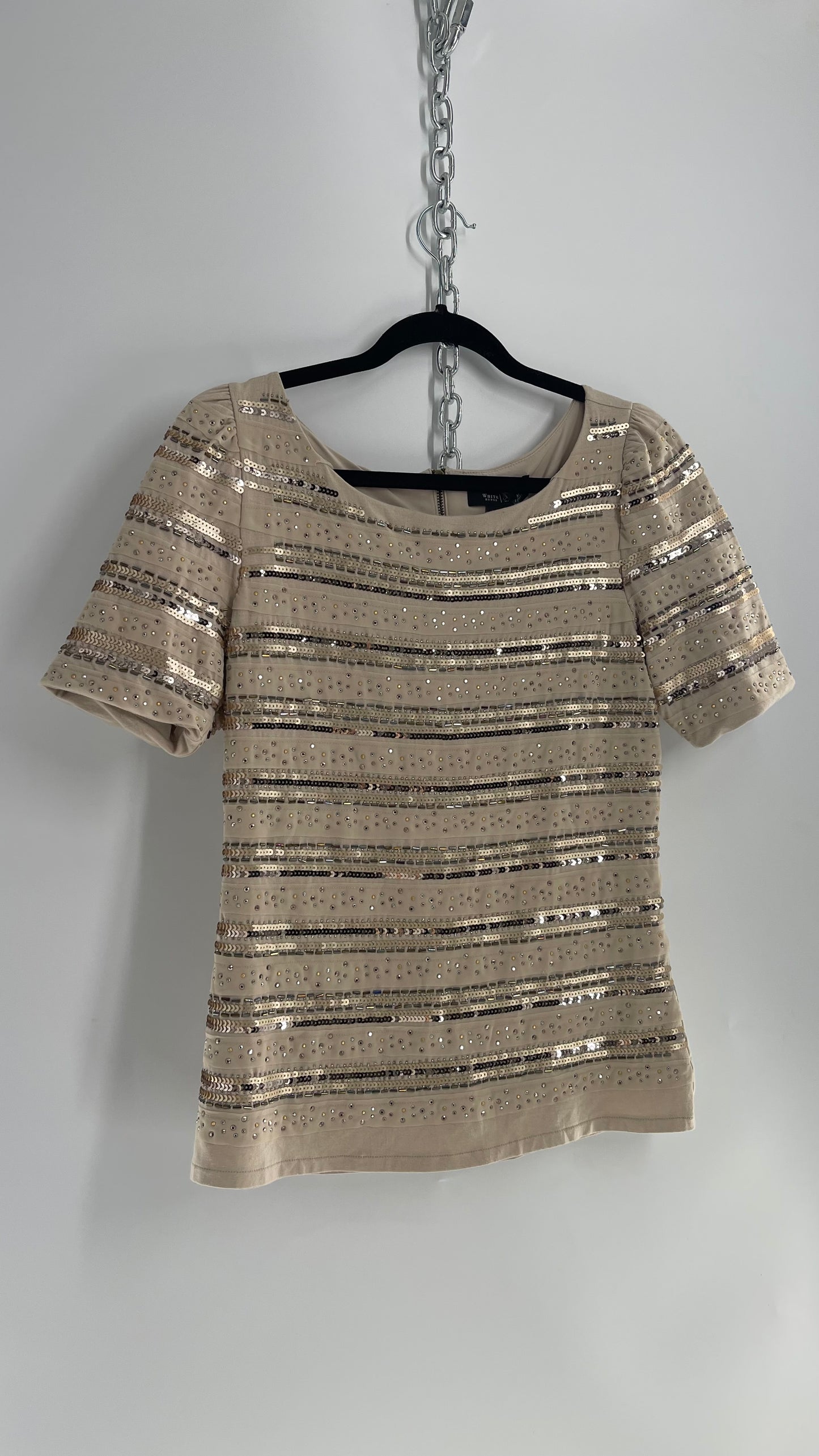 White House Black Market Cream Embellished Beaded Sequin Short Sleeve (Medium)