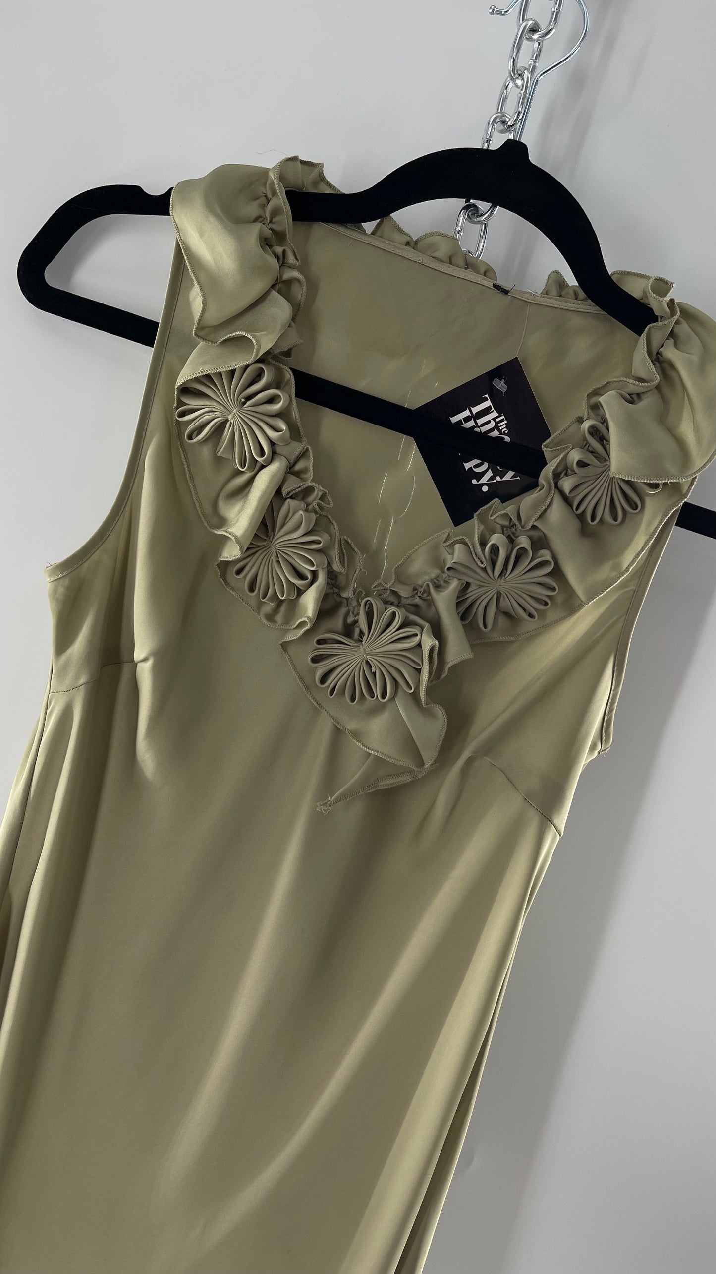 Sage Green Silky Sleeveless Tunic with Rosettes (Medium)