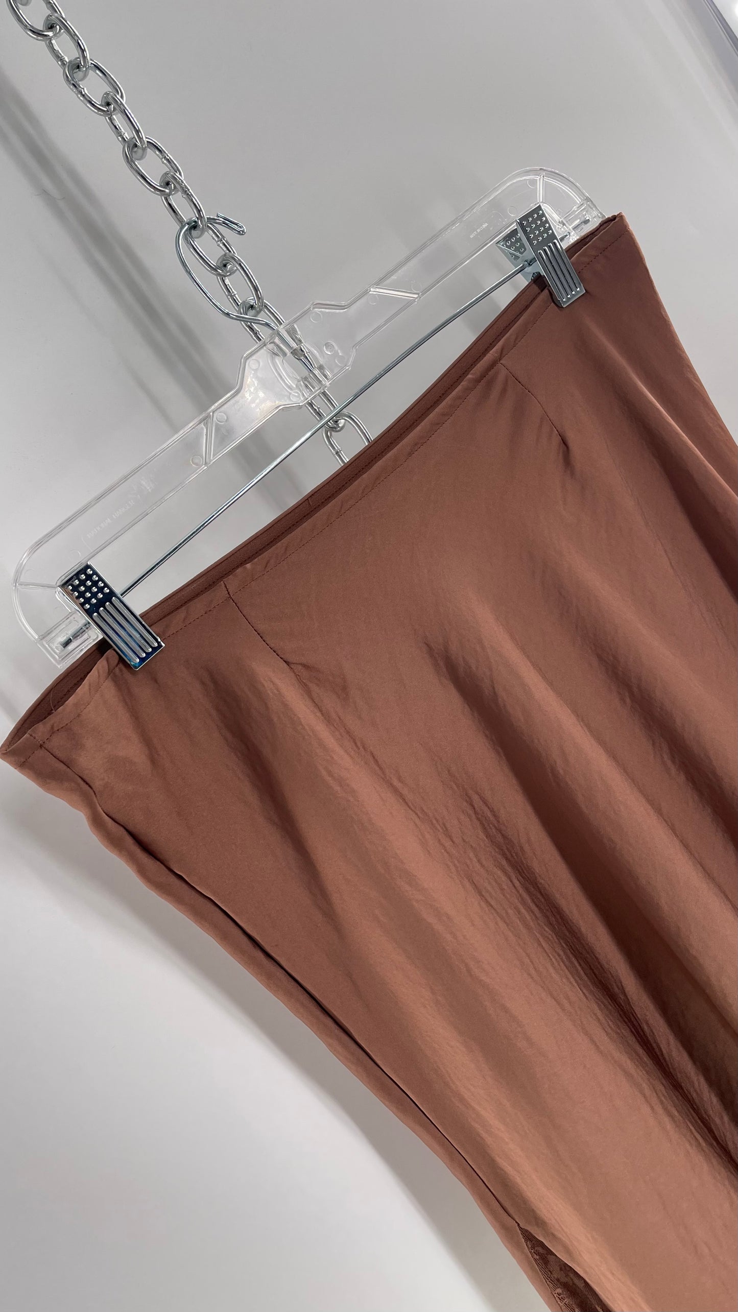 Intimately Free People Brown/Dusty Mauve Satin Maxi Skirt with Lace Paneling (Medium)