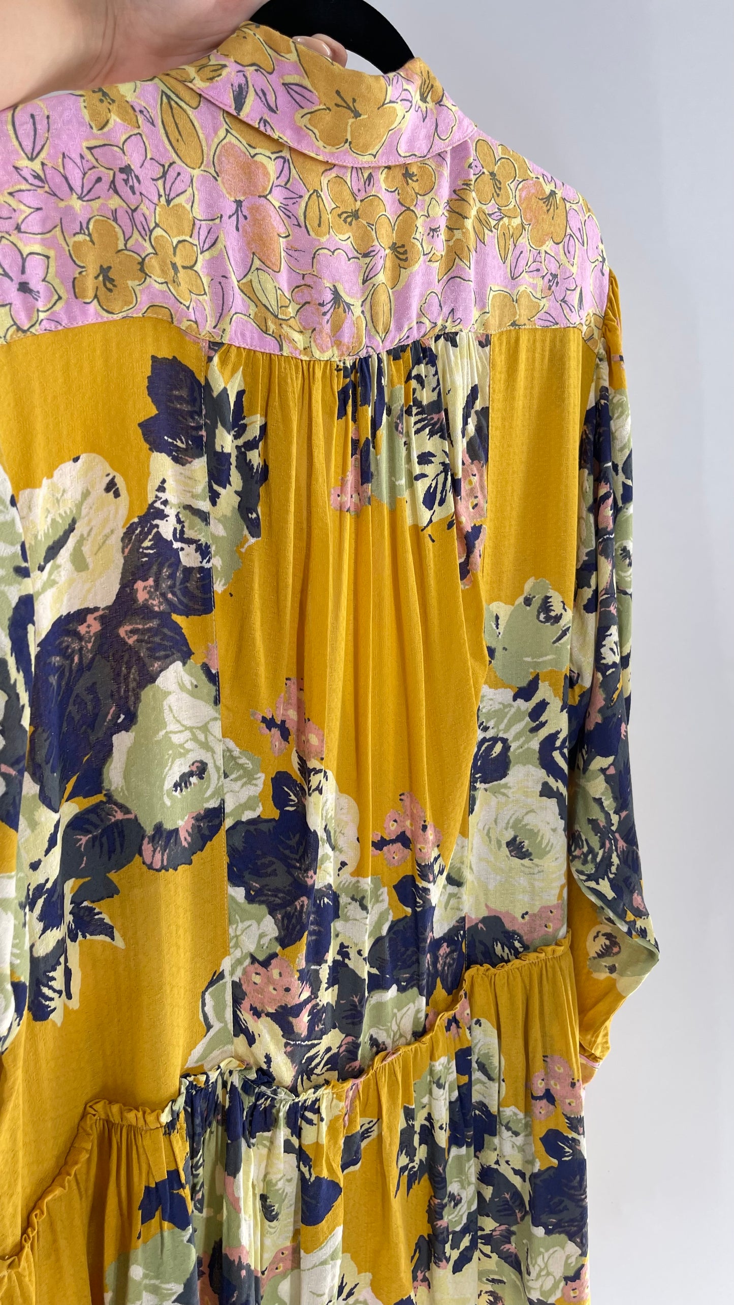 Free People Oversized Button Up Contrast Pattern Yellow Floral Blouse (XS)