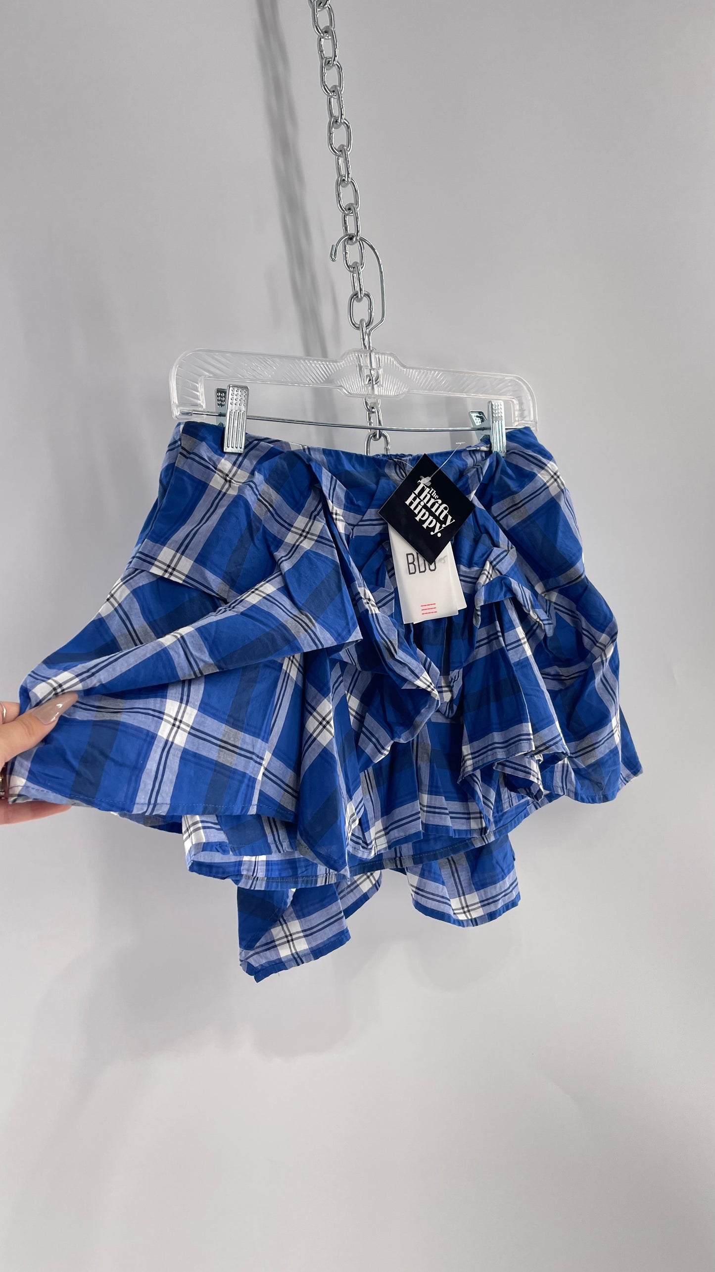 BDG Urban Outfitters Blue Plaid Bubble Hem Ruched Mini Skirt with Tags Attached (Small)