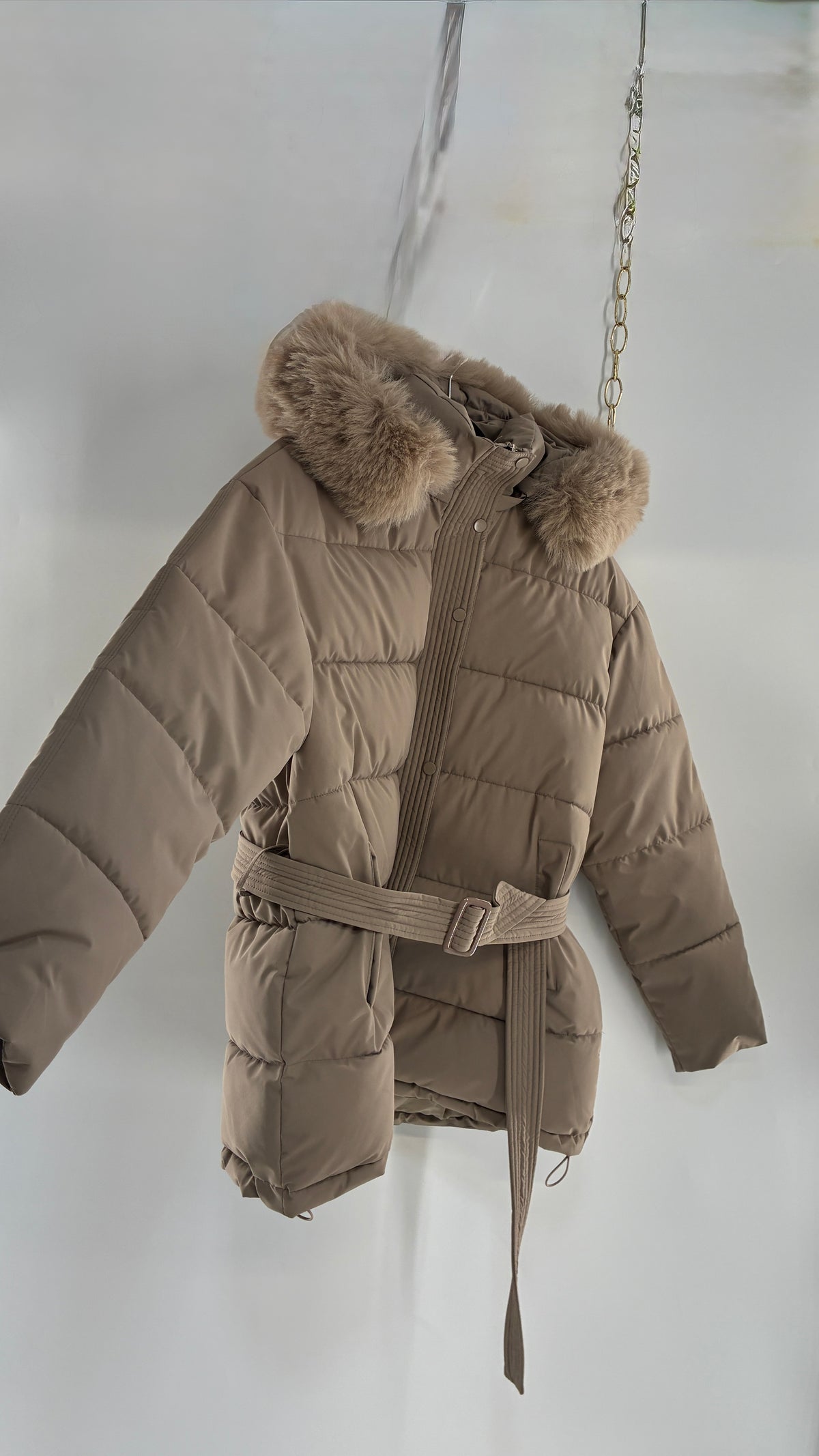 KATCH ME Taupe NWOT Bubble Coat with Exaggerated Vegan Fur Lined Hood NWOT (XL)