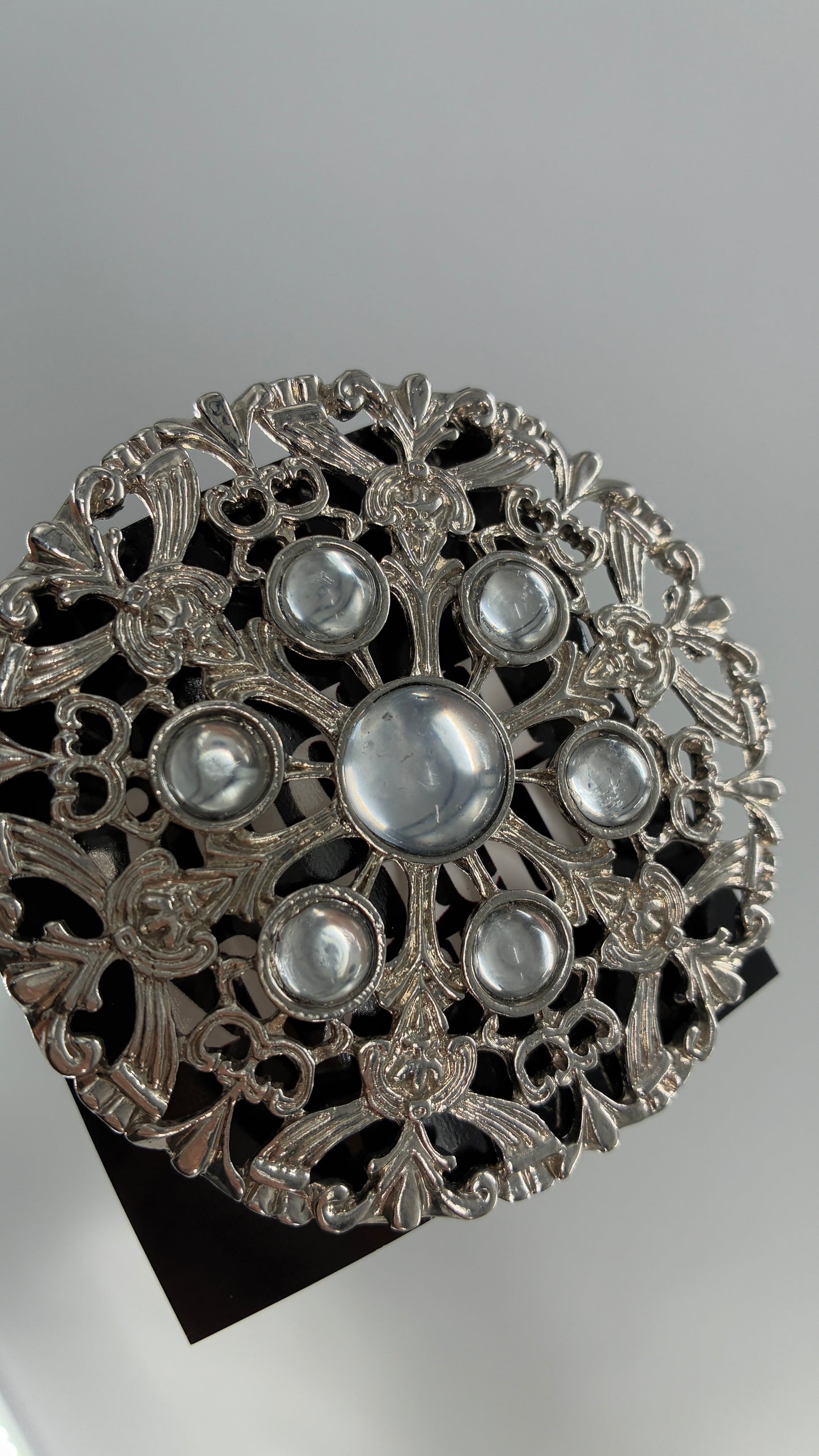 Vintage Oversized Heavy Metal Silver Brooch Pin with Transparent Gemstones