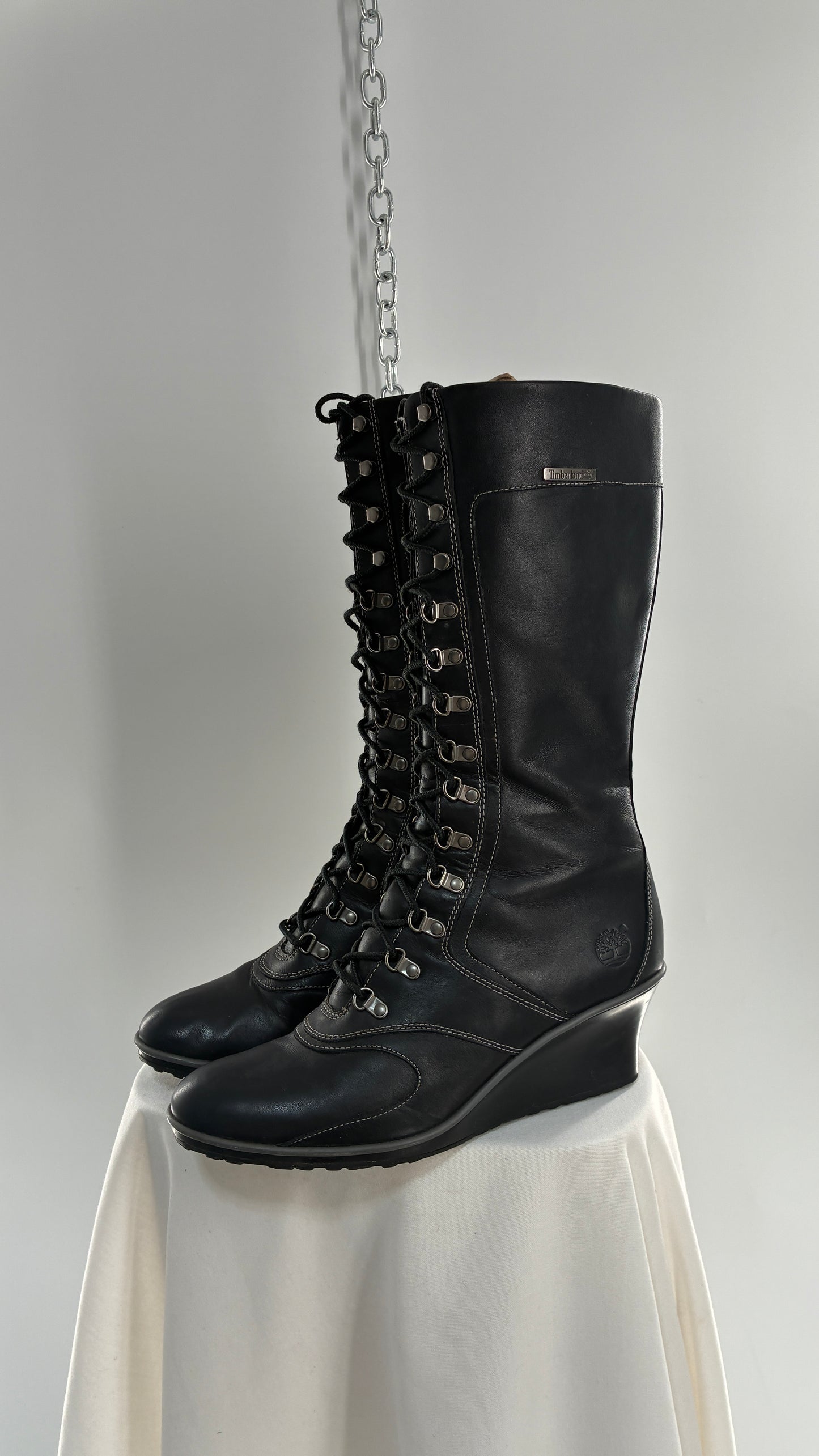 Vintage TIMBERLAND Black Genuine Leather Wedge Boots (10)