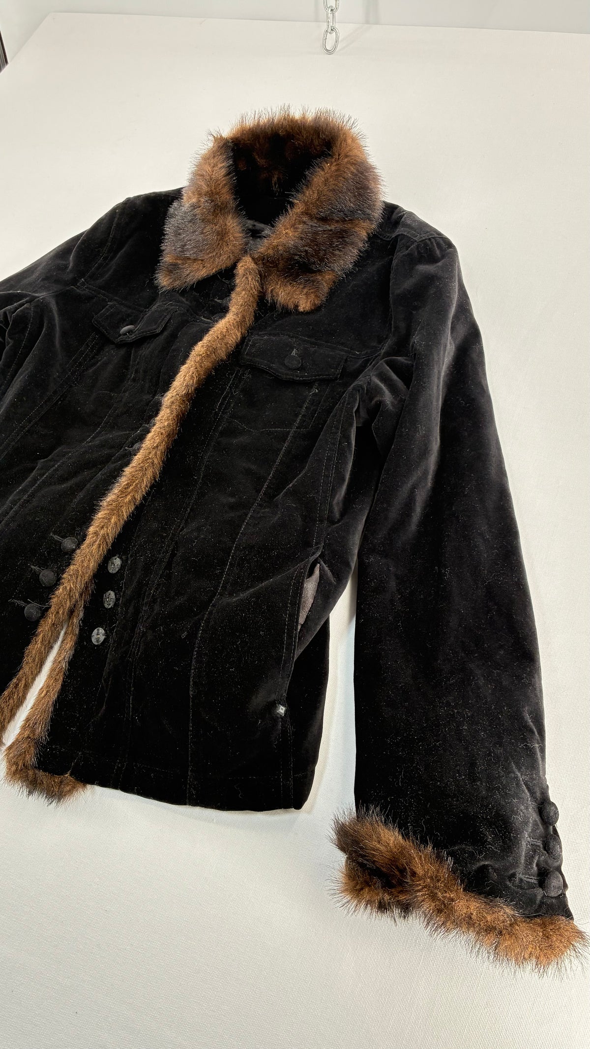 Vintage BLACK RIVET Velour Jacket with Vegan Fur Trim Collar and Cuffs (Large)