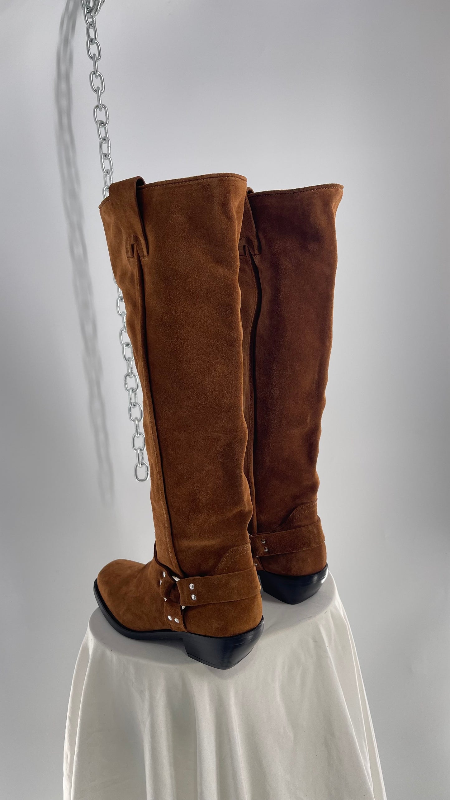 Free People Lockhardt Harness Thick Suede Leather Square Toe Knee High Boot (37)