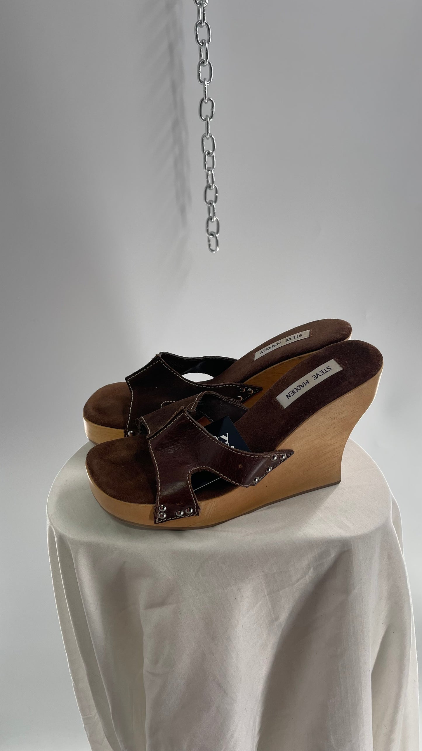 STEVE MADDEN Brown Suede Leather Strappy Wooden Wedge Heel Sandal (10)