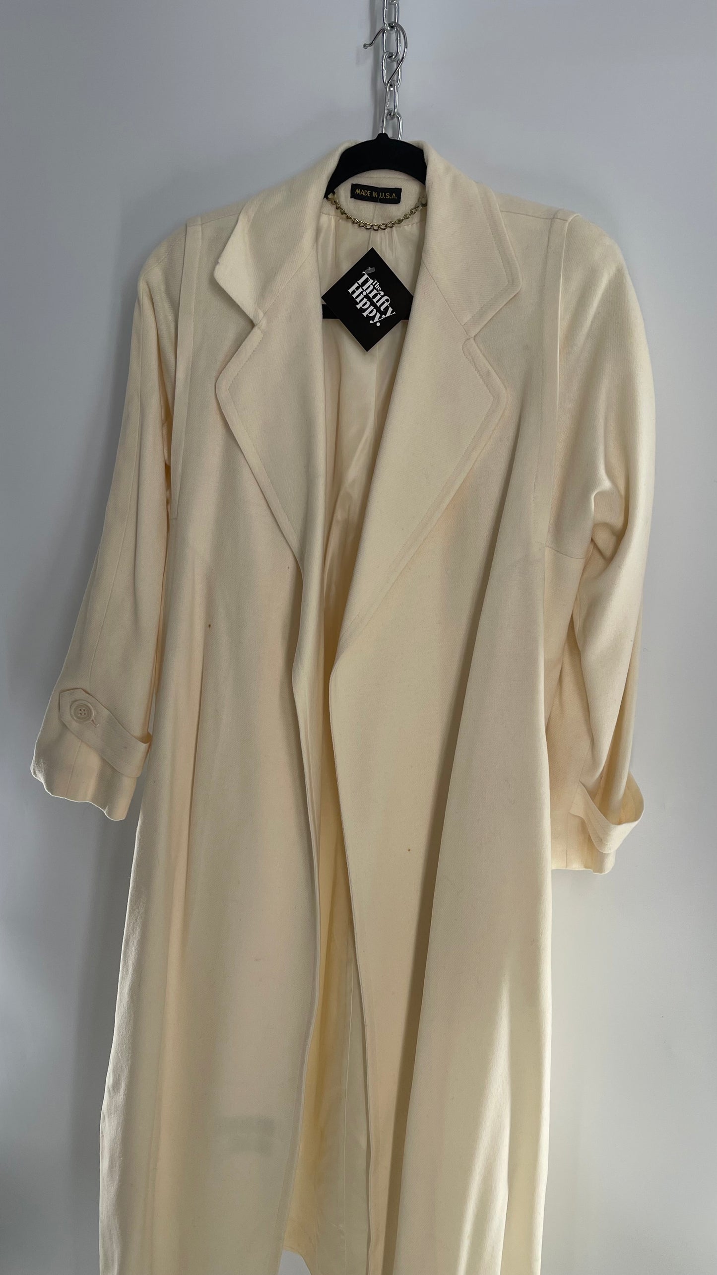 Vintage Sara Roberts Cream Ivory 100% Pure Wool Trench Duster Coat (Small)