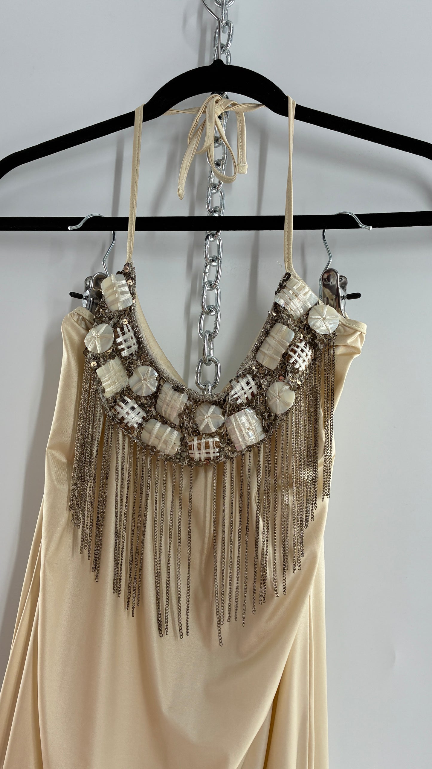Beach Bunny Ivory Lycra Balloon Hem Mini Dress with Exaggerated, Beaded and Metal Chain Neckline (Small)