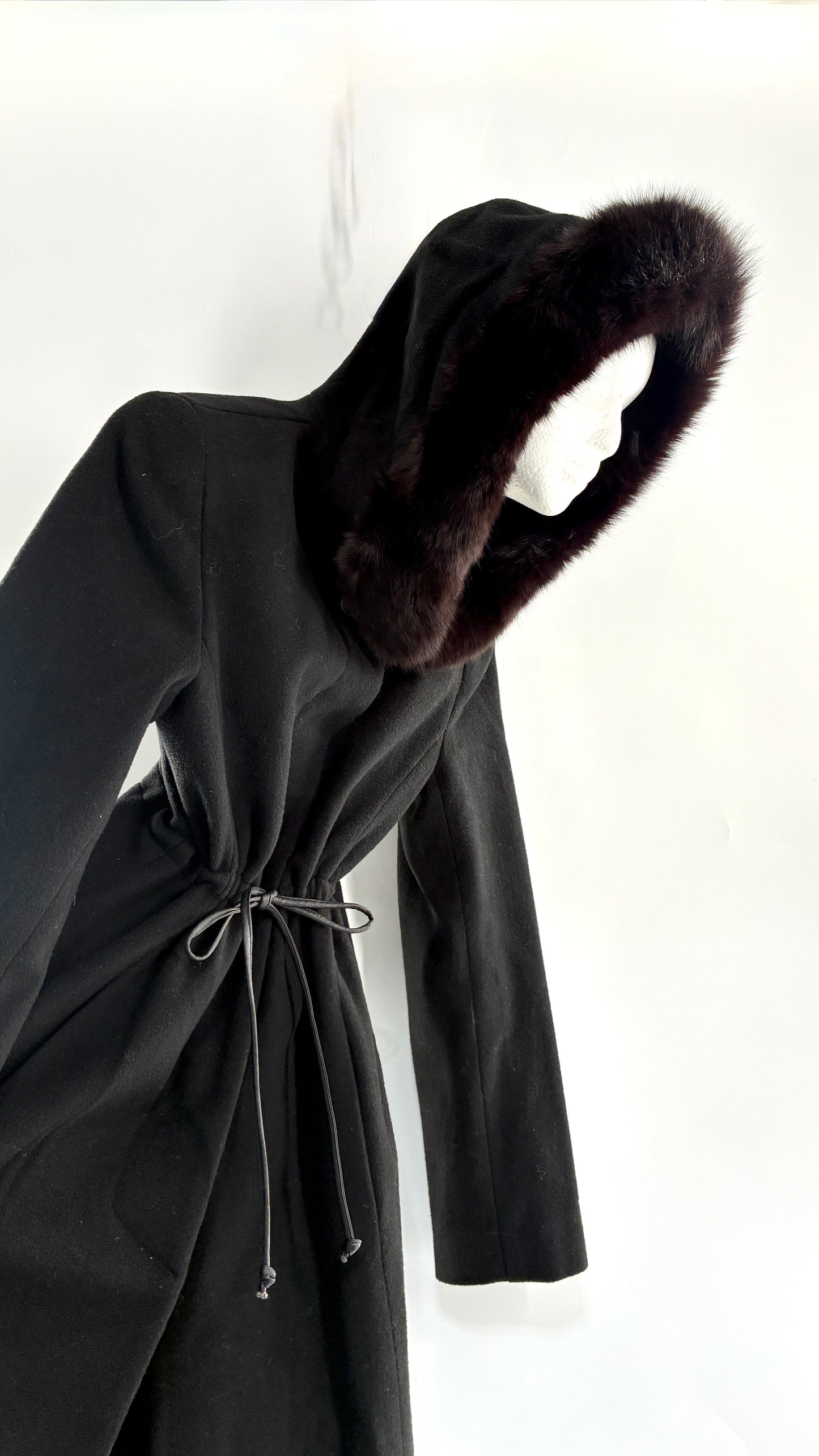 Vintage STEVE by SEARLE Cashmere Blend Coat with Underbust Tie and Fur Hood