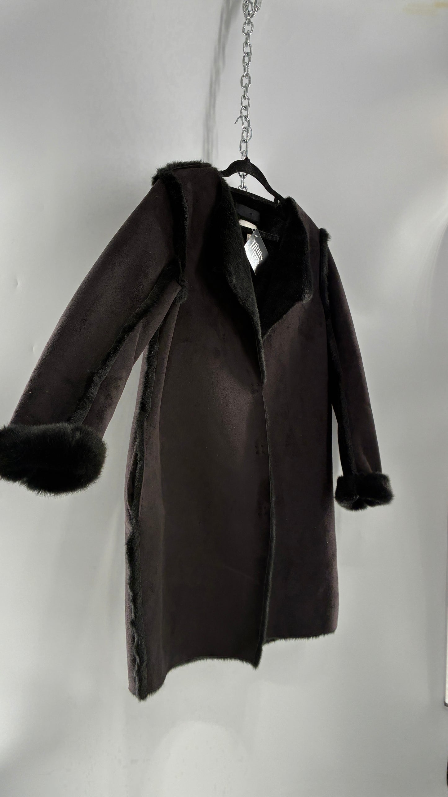 Vintage H&M Black Faux Suede Coat with Faux Fur Piping (12)