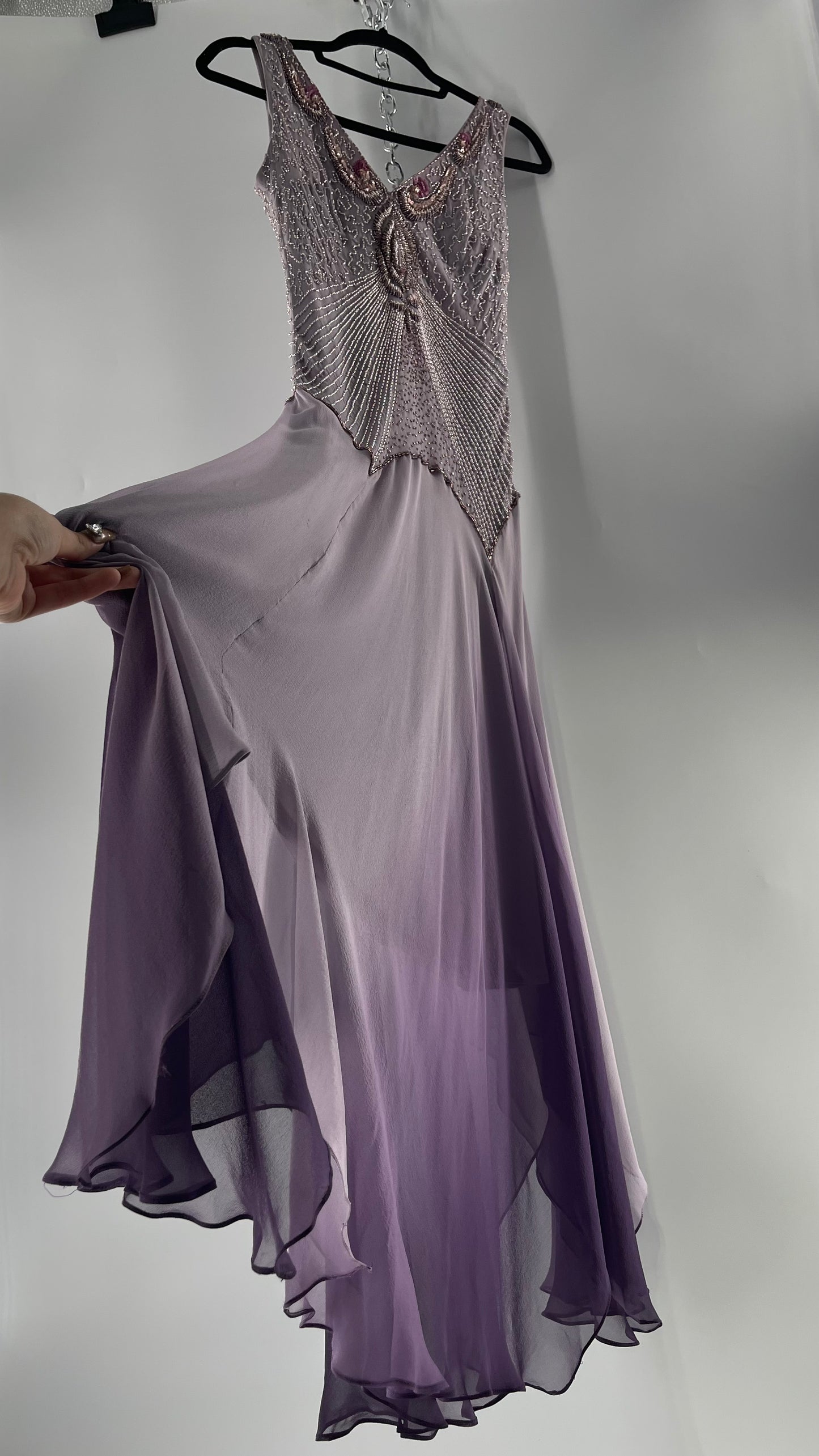 Terani Couture Silk Ombré Lilac Purple Gown with Multi Shade Handkerchief Hem with Beaded Bodice (14)