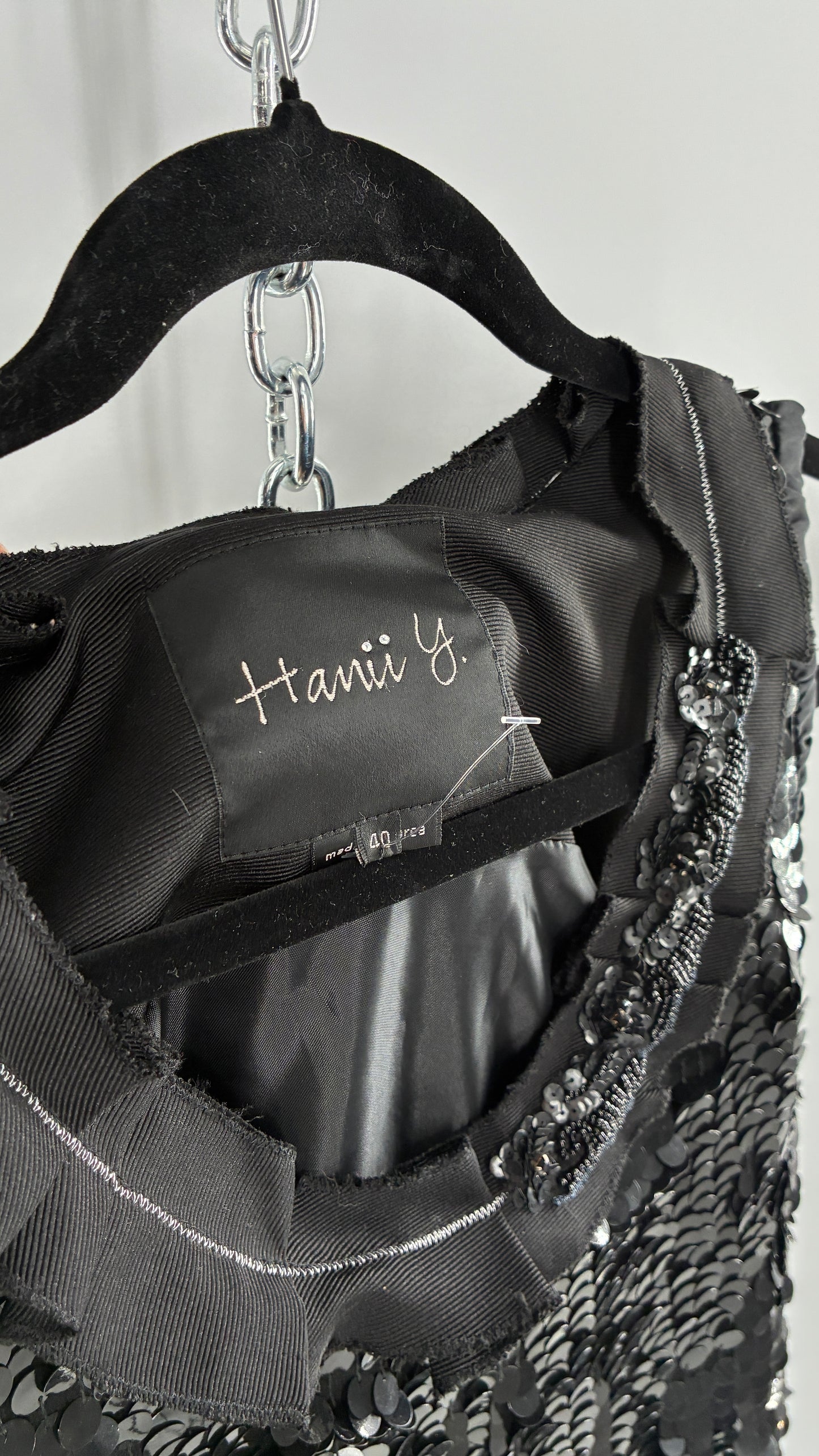 HANII Y. Black Sequin Mini Dress with Beaded, Pleated Ribbon Neckline and Bubble Hem (40)