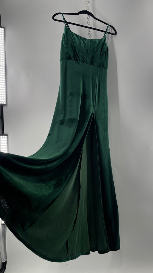 Windsor Forest Green Velvet Maxi Dress with Corseted Bust and Side Slit (11/12)