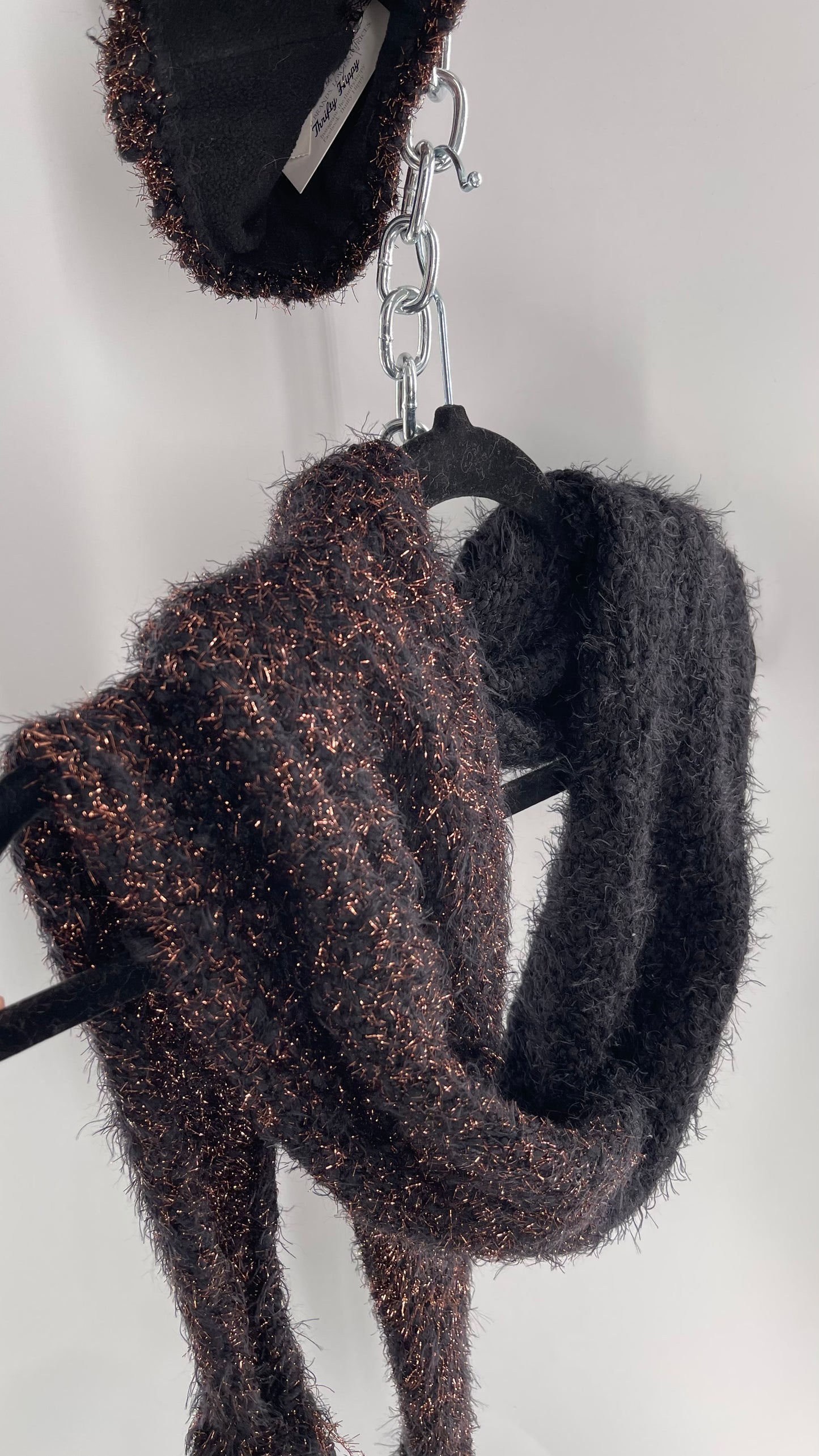 Anthropologie Bronze Tinsel Black Knit Beanie and Skinny Pom Scarf 2pc Set with Tags Attached