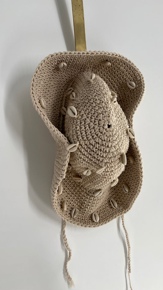 Heavy Knit Crochet Off White Sun Hat with Sewn On Shells and Button Sides