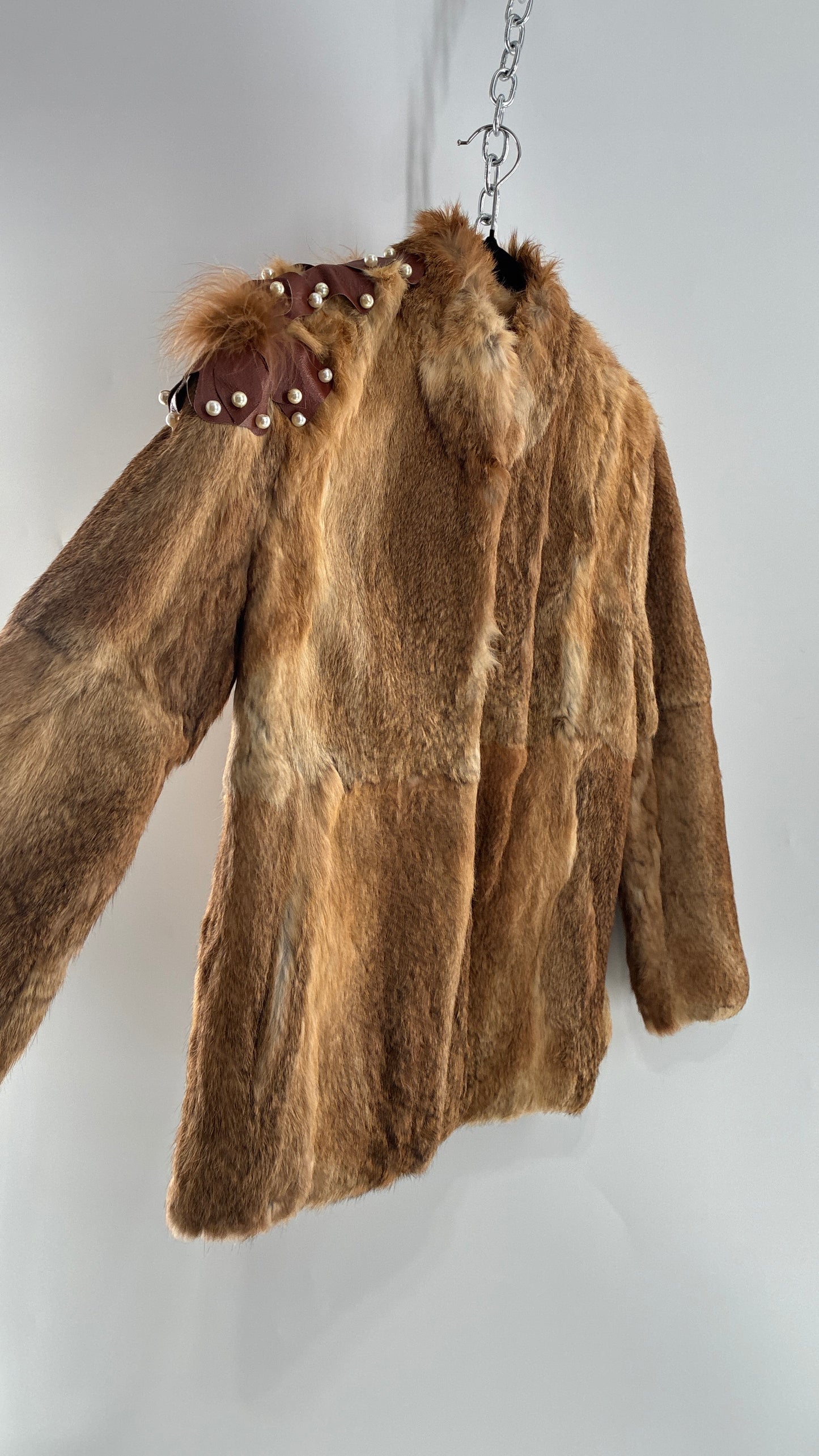 Vintage OPERA Montreal New York Genuine Fur Coat with Pearl Embellished Leather Flower Appliqués (Medium)