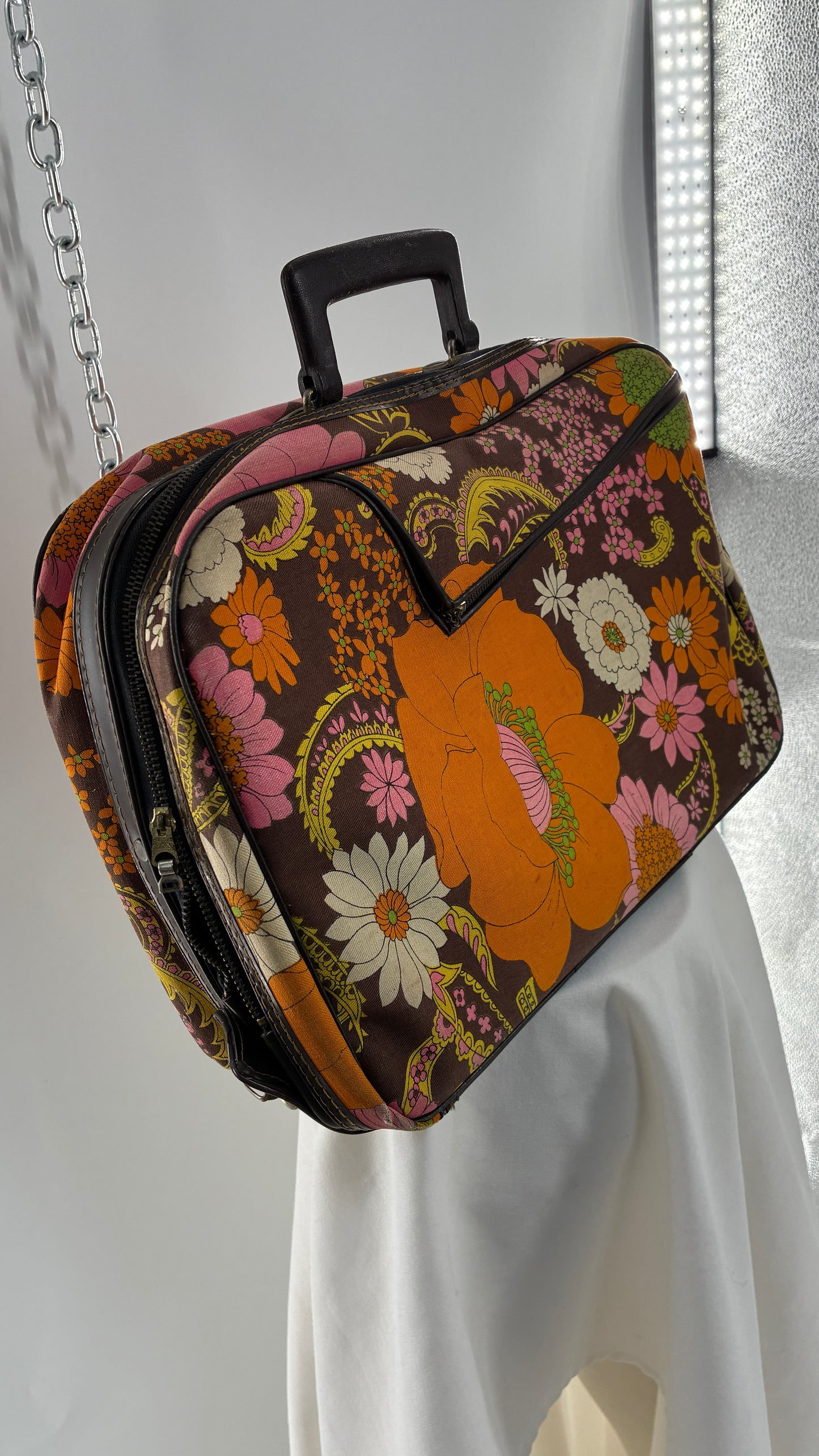 Vintage 1970s Brown Briefcase with Warm Tone Flowers