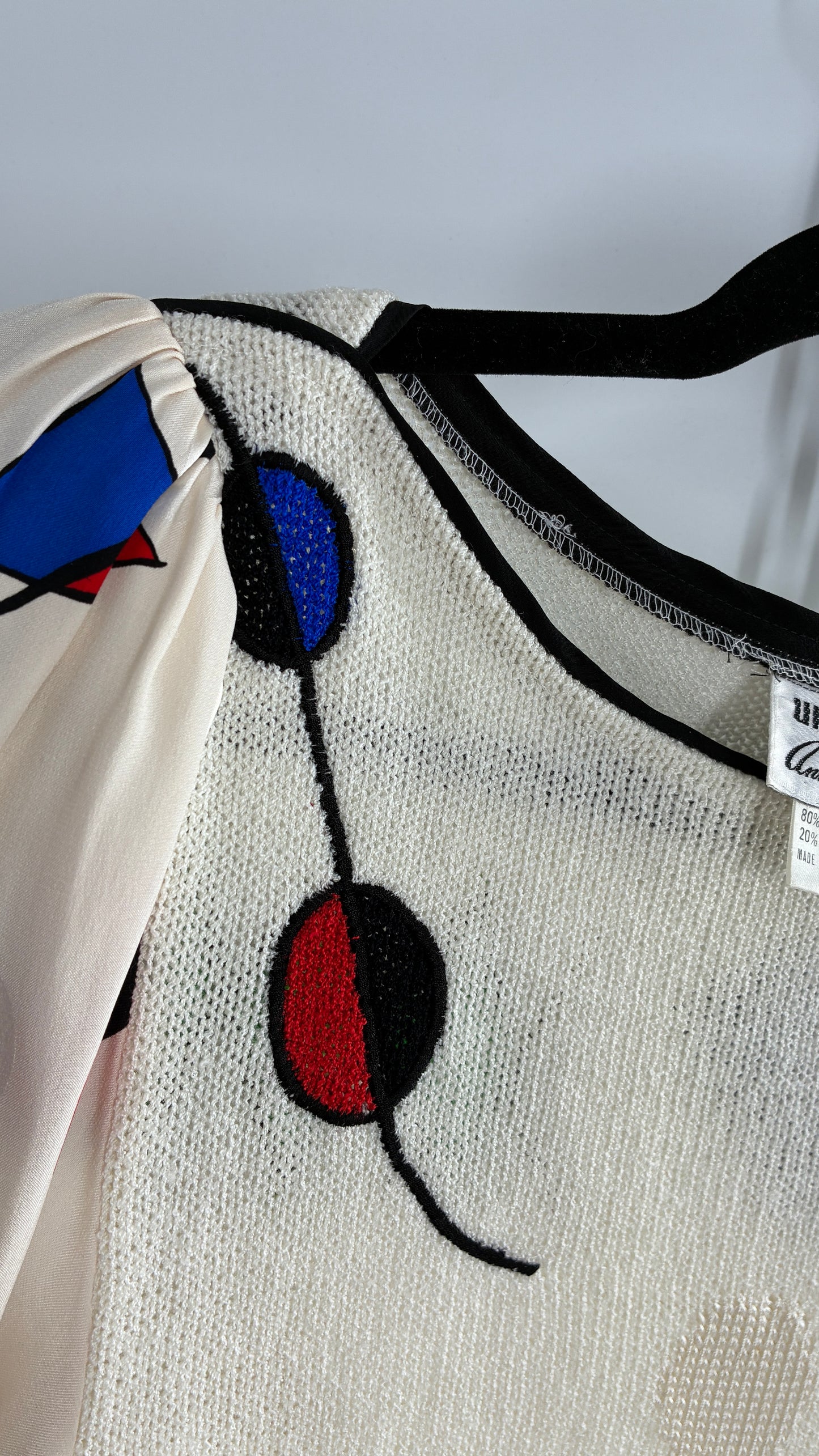 Vintage 1980s UMI collections by Anne Crimmins Off White 2 Piece Set with Abstract Embroidered Designs and 100% Silk Polka Dot Print Skirt (Medium Sweater, 8 Skirt)