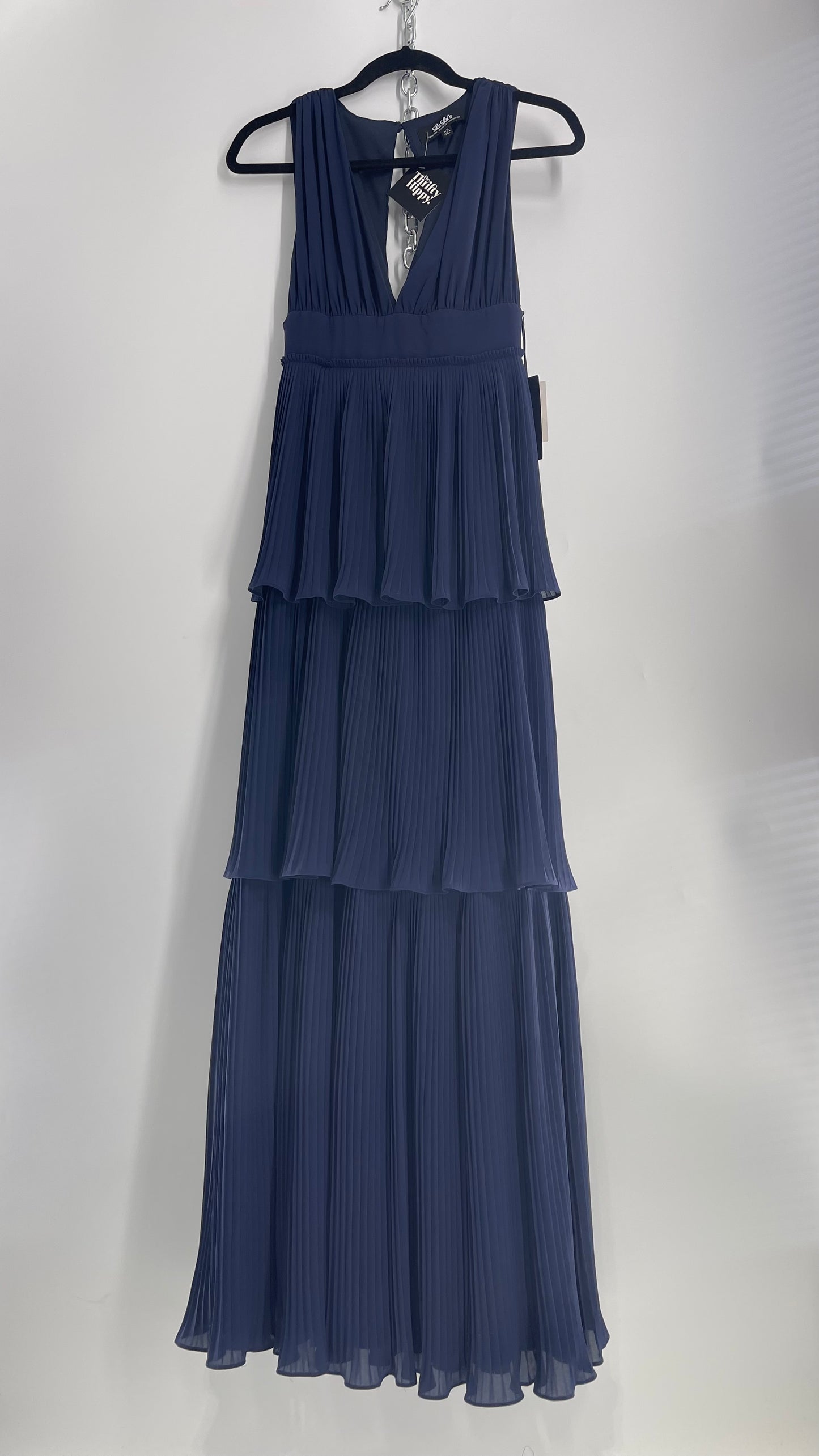 Lulu*s Pleated Navy Blue Floor Length Gown with Three Tiers and Tags Attached (XS)