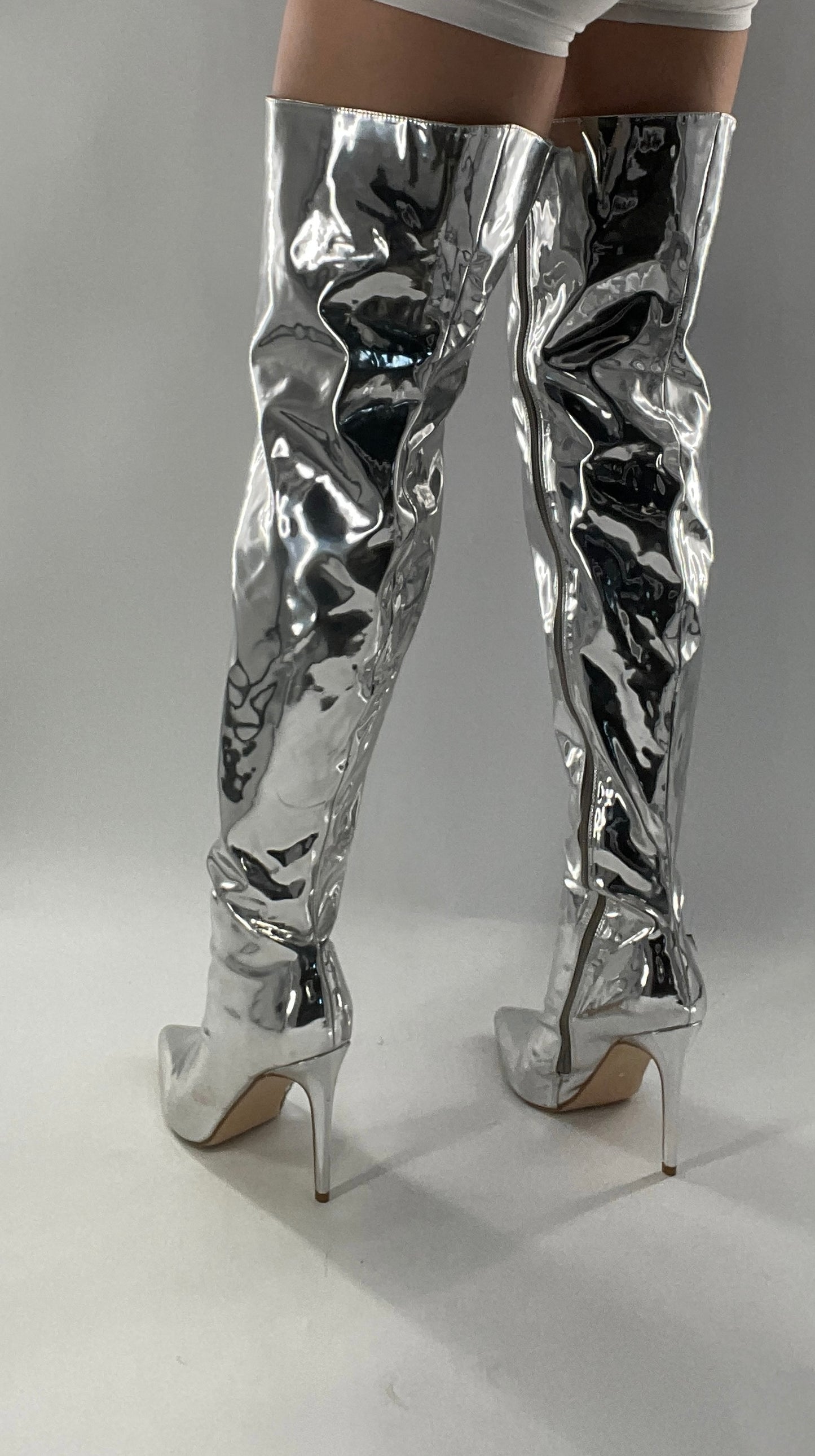 Vintage Chrome Platinum Mirrored Thigh High Molten Metal Sky High Boots Space Cadet/Concert (7)