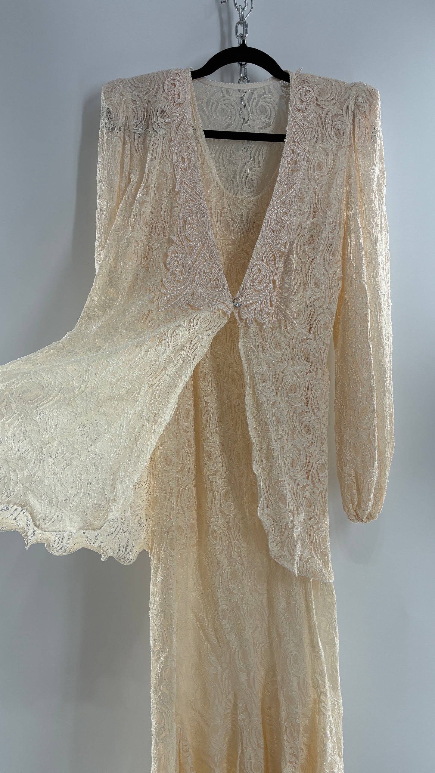 Vintage SARA MIQUE New York Off White Maxi Dress and Balloon Sleeve Cardigan Set (M)