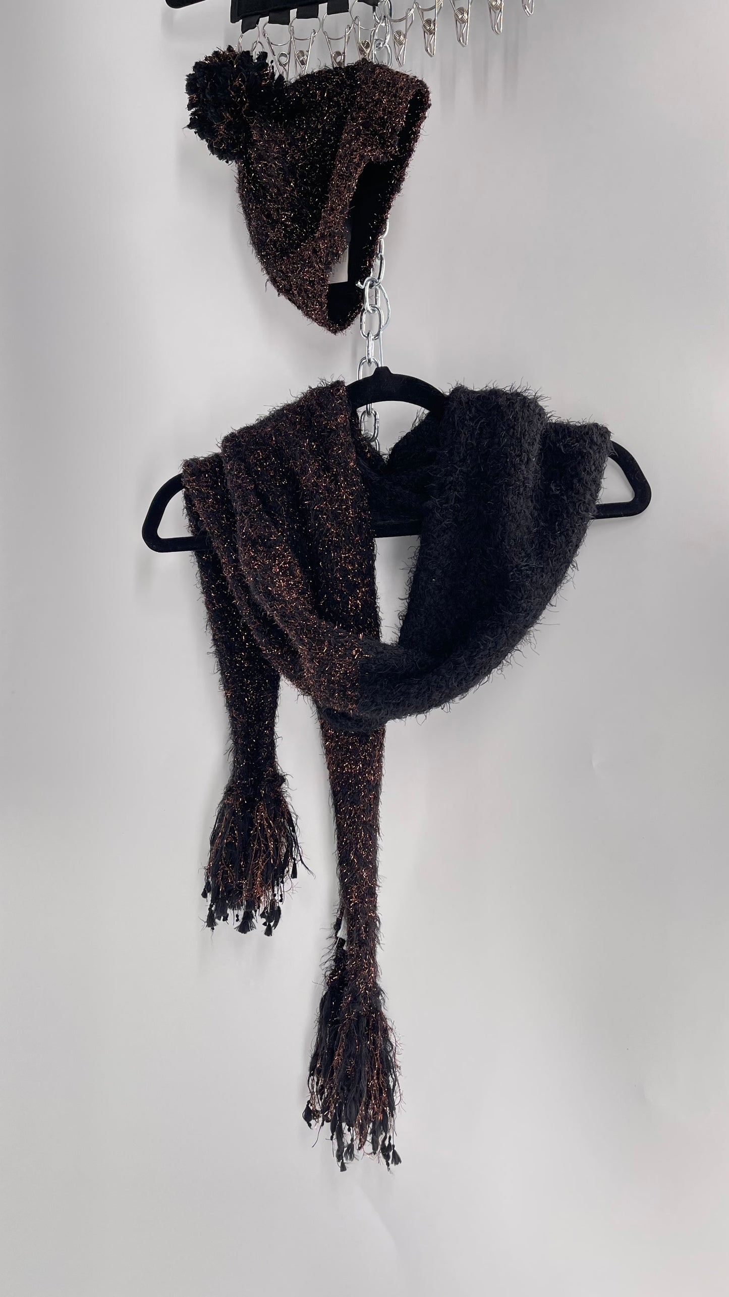 Anthropologie Bronze Tinsel Black Knit Beanie and Skinny Pom Scarf 2pc Set with Tags Attached