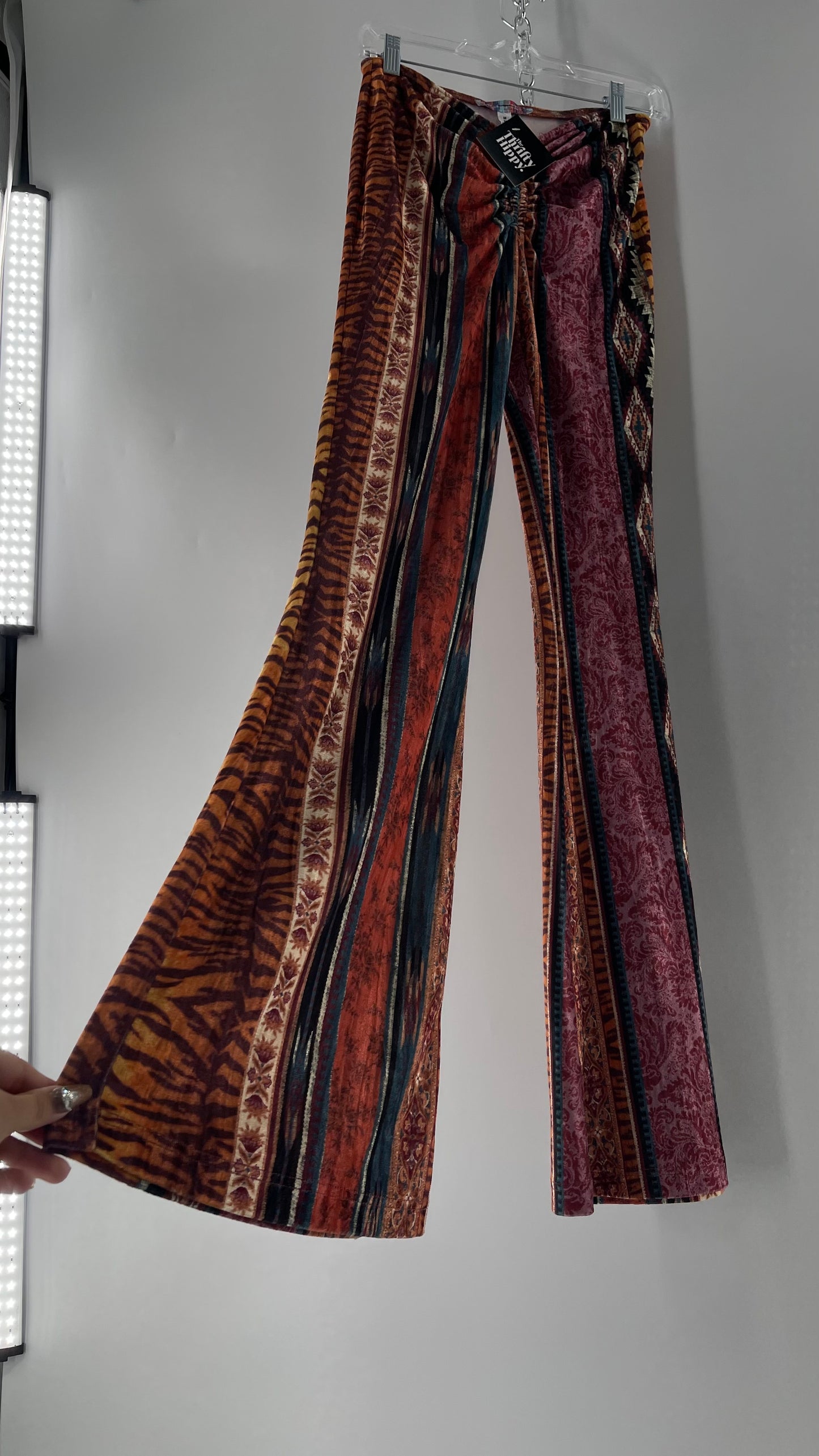 Urban Outfitters Velvet Scrunch Front Maroon Mixed Pattern Flared Bell Bottoms  (Medium)