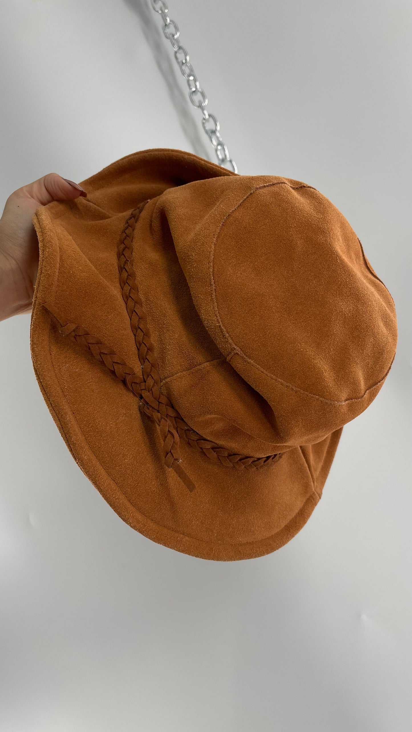 Free People Burnt Orange Suede Genuine Leather Sun Hat with Braided Belt