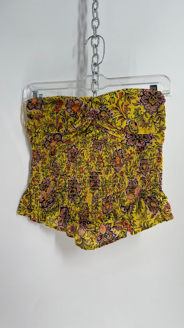 Free People Smocked Ruched Bust Yellow Floral Tube Top  (XS)