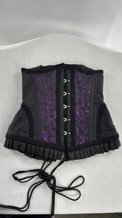 Vintage Black and Purple Brocade Corset with Pleated, Ruffled Hem (Sz 22)