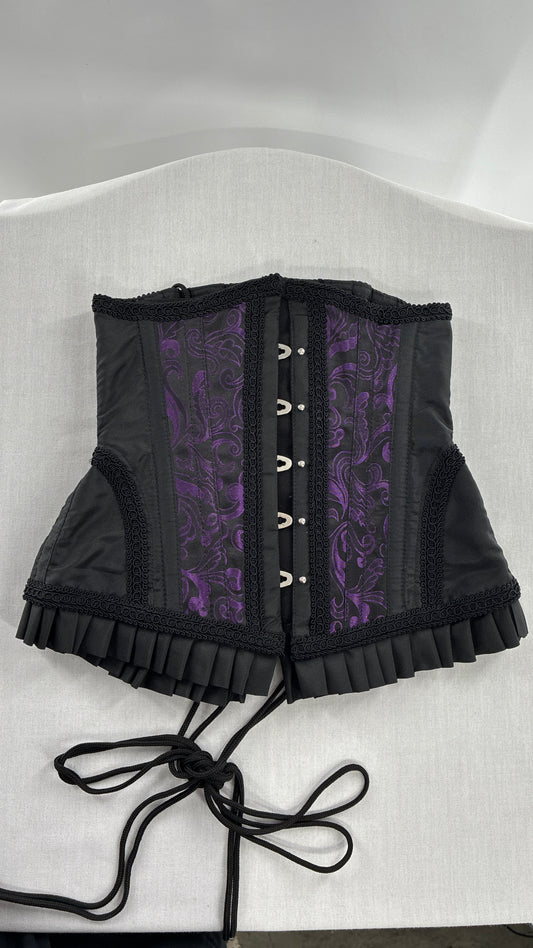 Vintage Black and Purple Brocade Corset with Pleated, Ruffled Hem (Sz 22)